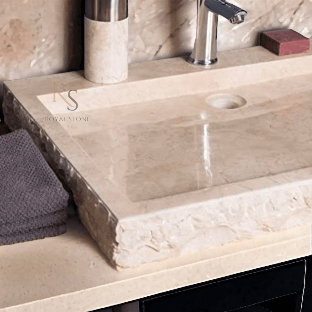 Cream Rough Hewn Stone Rectangle Sink, Carved Marble Custom Sink, Travertine Made to Order Powder Bathroom Sink