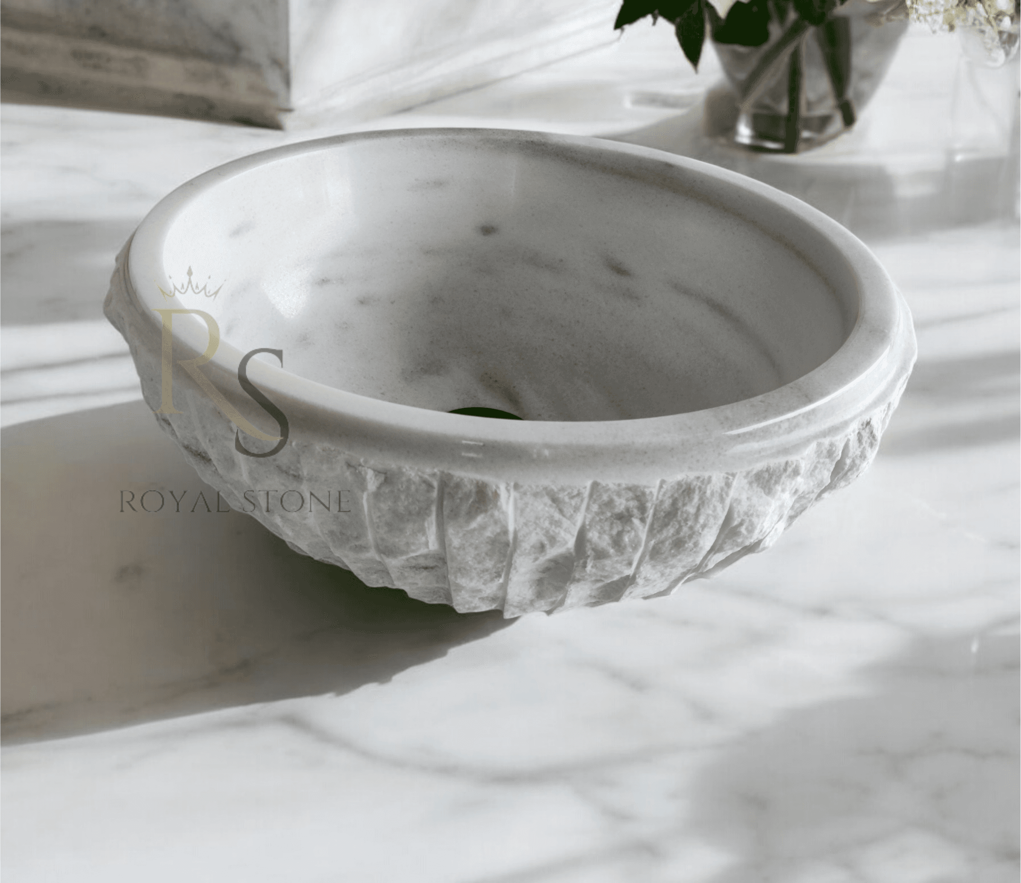 White Marble Powder Room Sink, Gorgeous Sink, Natural Stone Roughish Exterior Vanity Sink, Chiseled Stone Custom Sink, Marble Sink Bowl