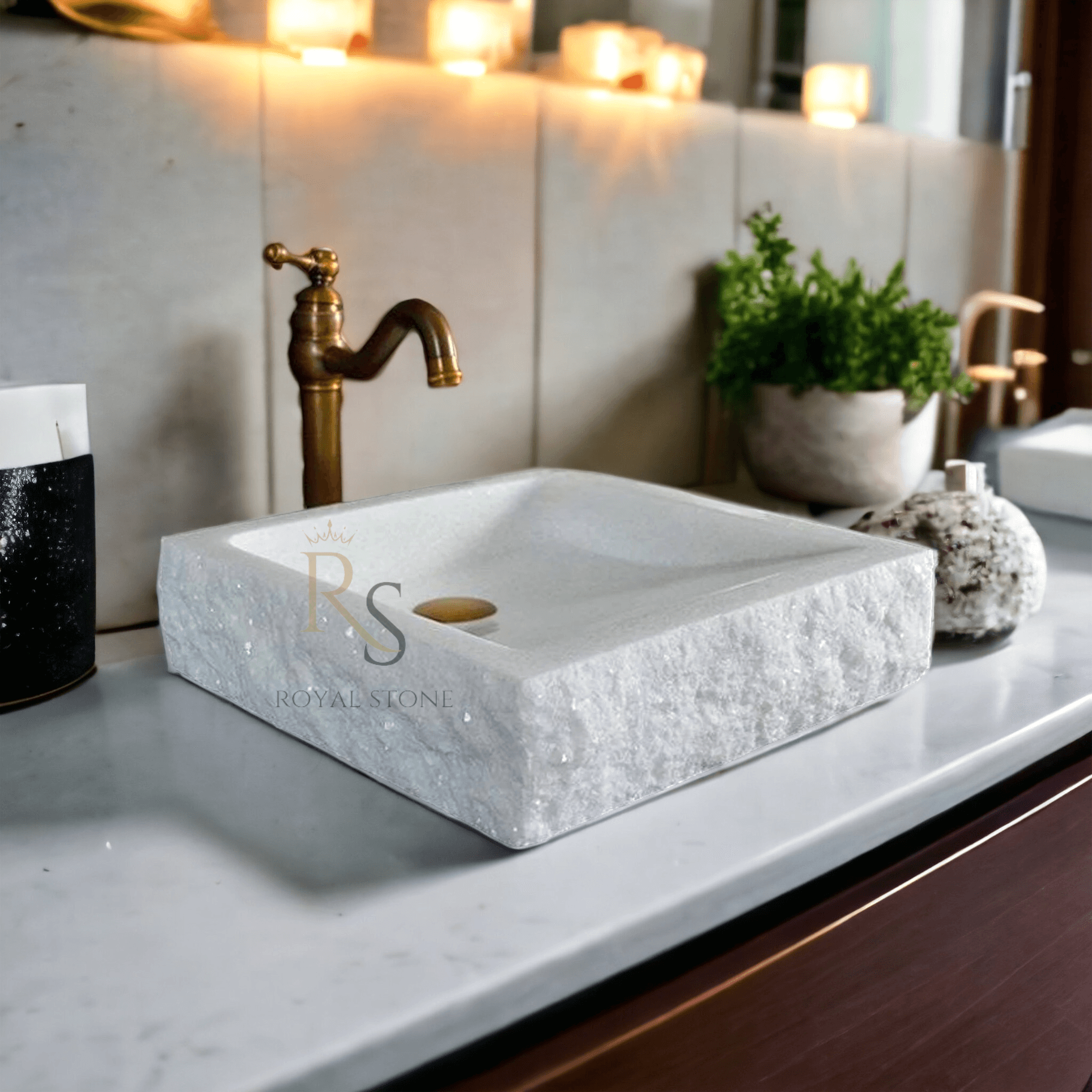 Natural White Stone Farmhouse Rectangular Sink, Cornered Chiseled Marble Bathroom Vessel Sink Vanity, %100 Natural Marble Handmade Washbasin