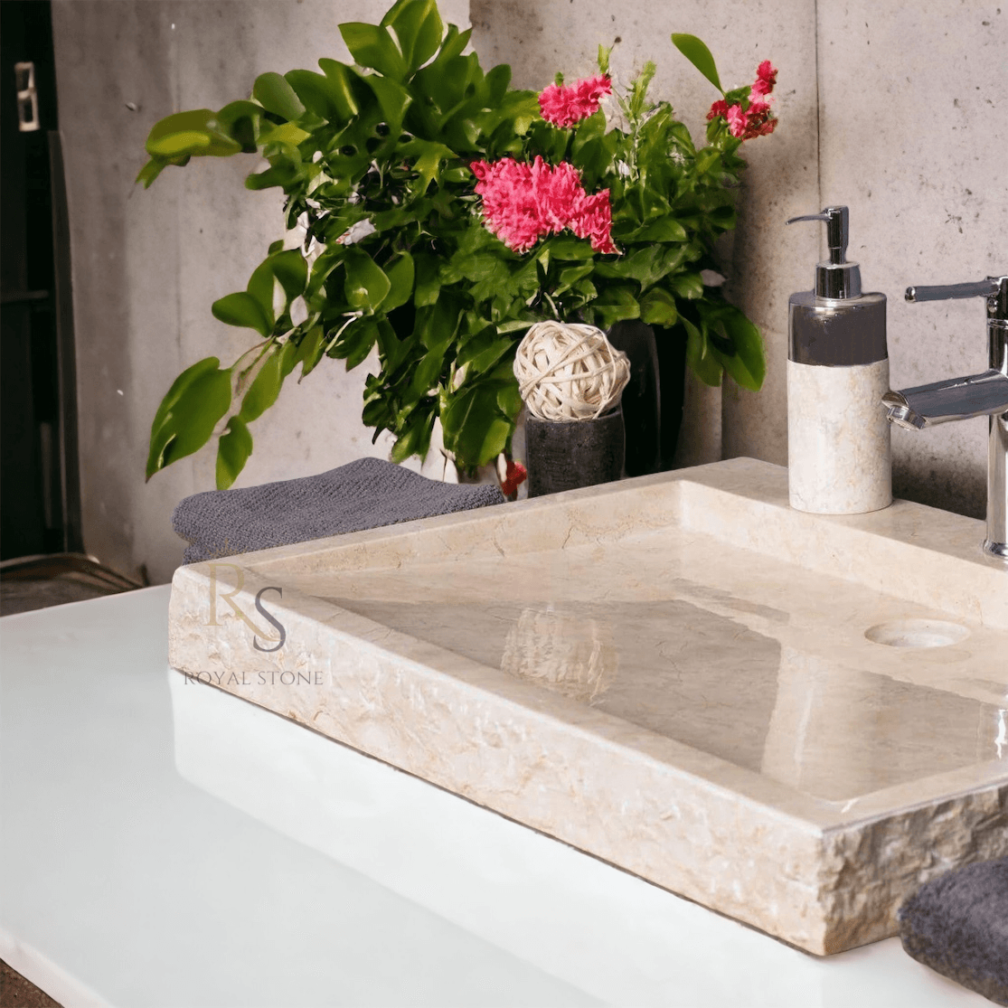 Cream Rough Hewn Stone Rectangle Sink, Carved Marble Custom Sink, Travertine Made to Order Powder Bathroom Sink