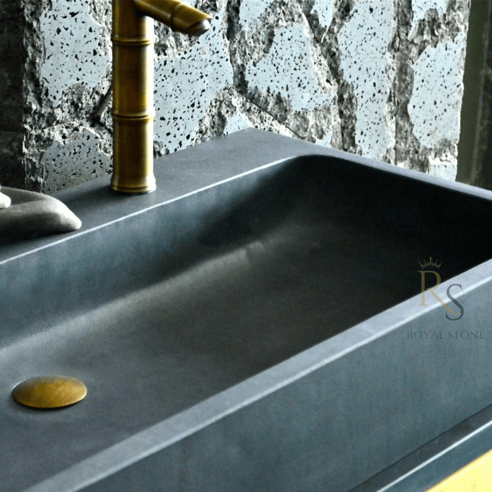 Black Marble Rectangle Sink, Cornered Natural Marble Sink-With Faucet Hole, Customized Sink, Farmhouse Large Stone Sink