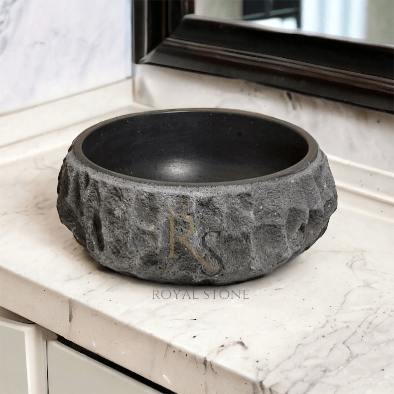 Chiseled Stone Black Round Sink, Made to Order Sink, Natural Black Stone Vessel Sink, Natural Marble Sink