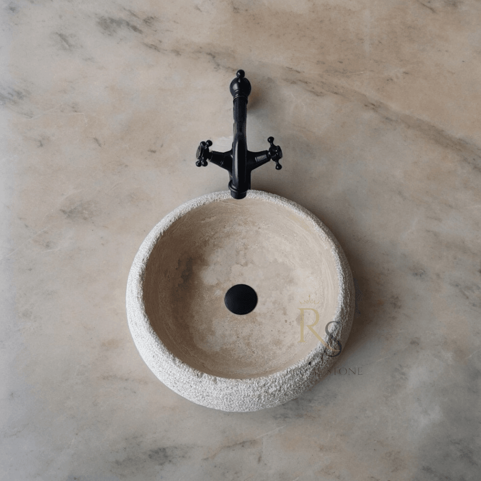 Natural Stone Roughish Exterior Vanity Sink, Cream Marble Sink, Powder Room Sink, Chiseled Travertine Stone Sink, Marble Sink