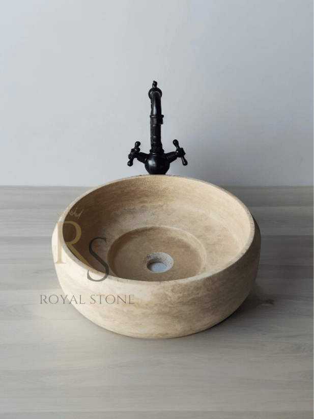 Travertine Marble Powder Bathroom Sink, Marble Vessel Sink, Made to Order Round Sink, High Quality Marble Farmhouse Sink