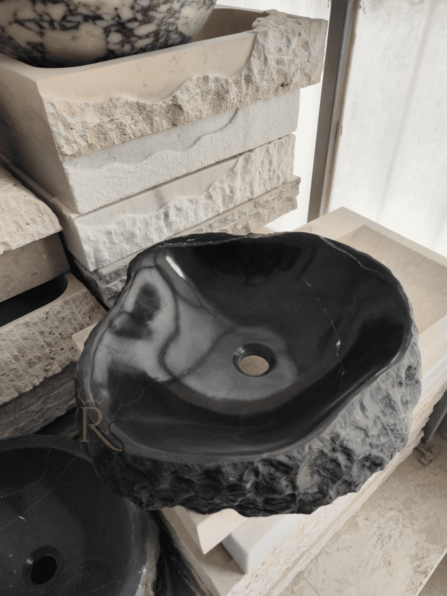 Natural Black Stone Roughish Exterior Sink, Black Marble Chiseled Sink, Black Stone Skew Sink, Custom Size Sink