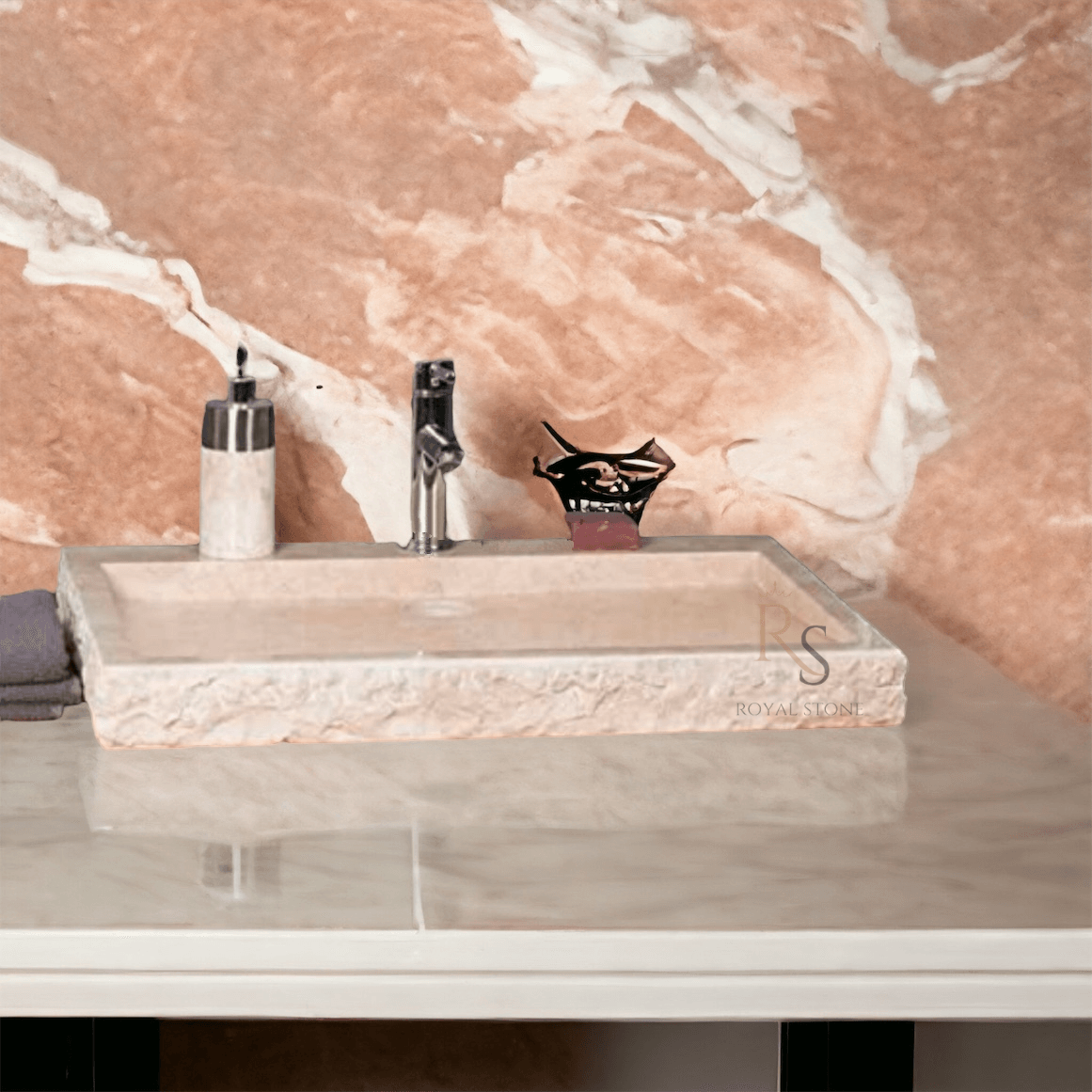 Cream Rough Hewn Stone Rectangle Sink, Carved Marble Custom Sink, Travertine Made to Order Powder Bathroom Sink