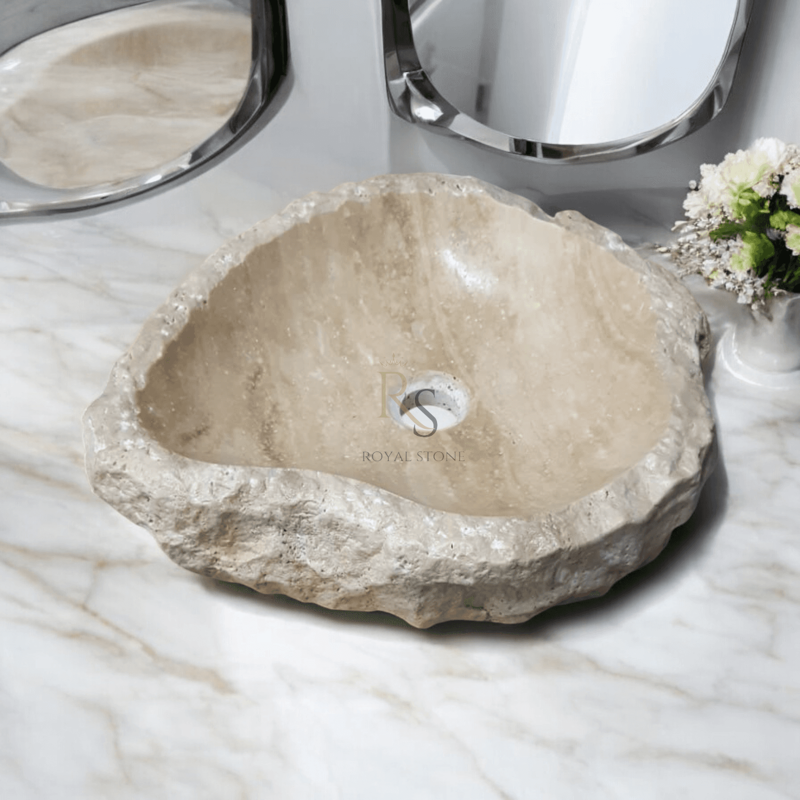 Natural Stone Roughish Exterior Vanity Sink, Cream Marble Sink, Powder Room Sink, Chiseled Travertine Stone Sink, Marble Sink