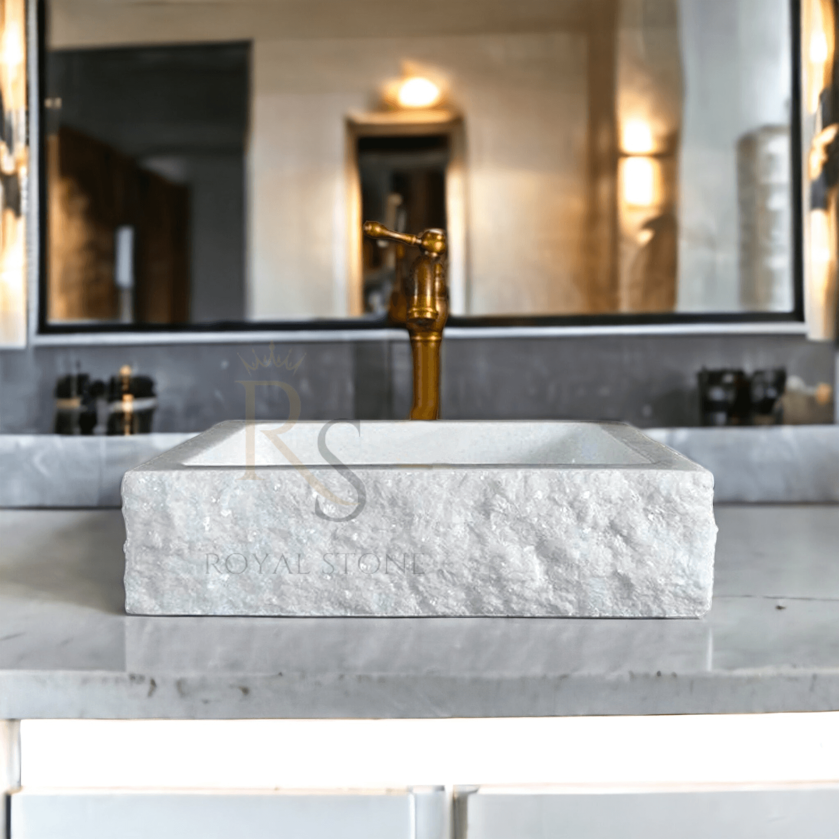 Natural White Stone Farmhouse Rectangular Sink, Cornered Chiseled Marble Bathroom Vessel Sink Vanity, %100 Natural Marble Handmade Washbasin