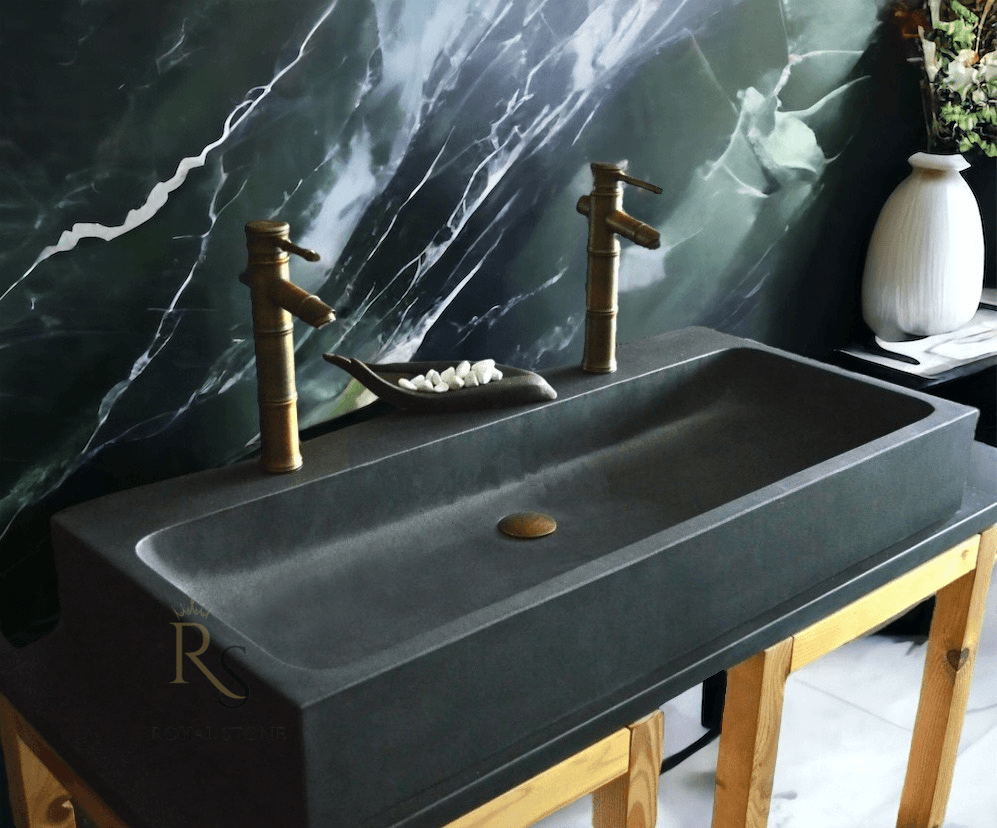 Black Marble Rectangle Sink, Cornered Natural Marble Sink-With Faucet Hole, Customized Sink, Farmhouse Large Stone Sink