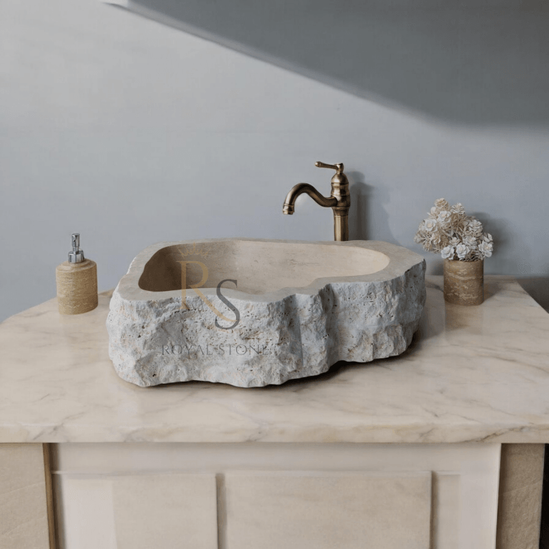 Travertine Marble Roughish Exterior Vanity Sink, Natural Stone Sink, Powder Room Sink, Chiseled Travertine Stone Sink, Marble Sink