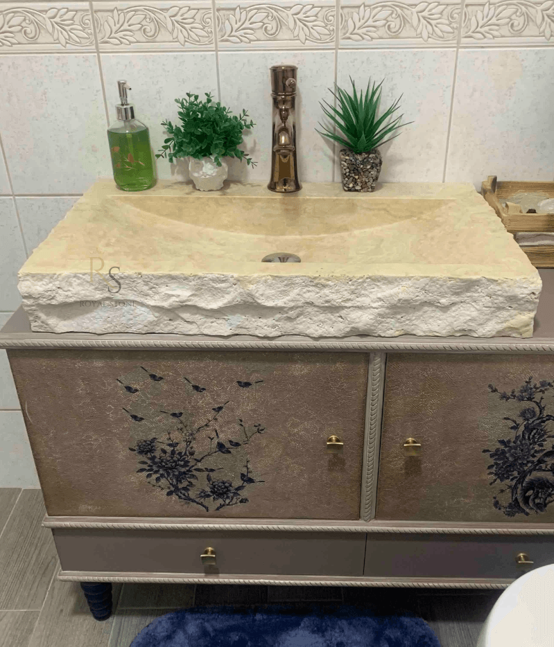 Chiseled Travertine Marble Powder Bathroom Rectangle Sink, Made to Order Cream Marble Sink