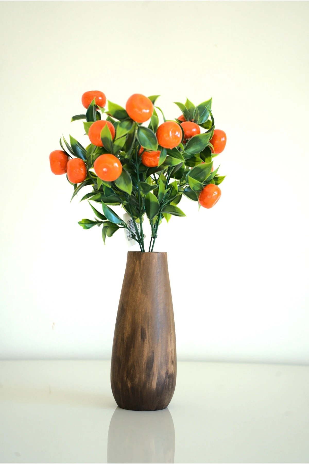DEKORATİF AHŞAP VAZO VE YAPAY MANDALİNA AĞACI