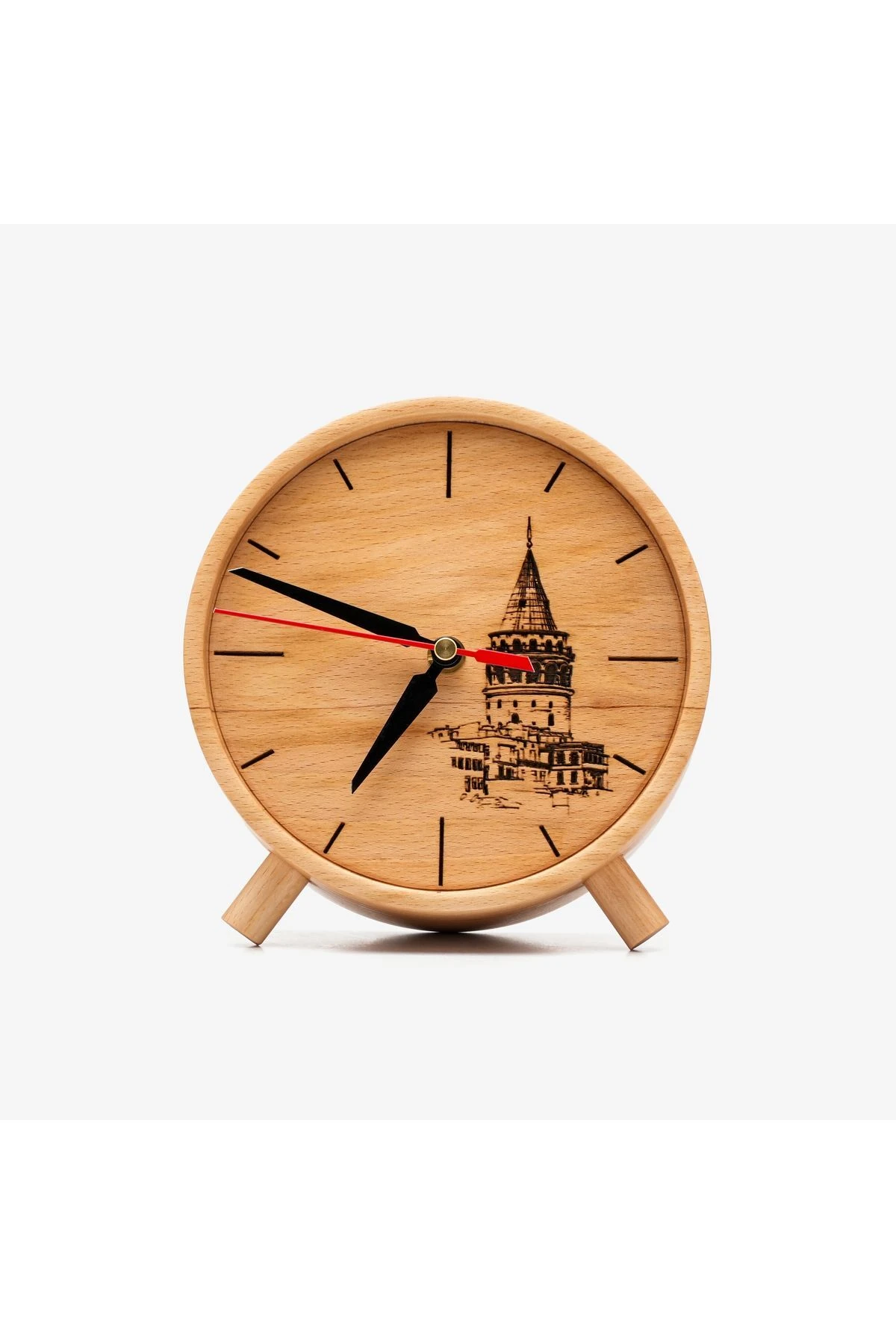 EL YAPIMI MASİF AHŞAP YUVARLAK MASAÜSTÜ SAAT GALATA KULESİ DETAYLI MİNİMALİST TASARIM