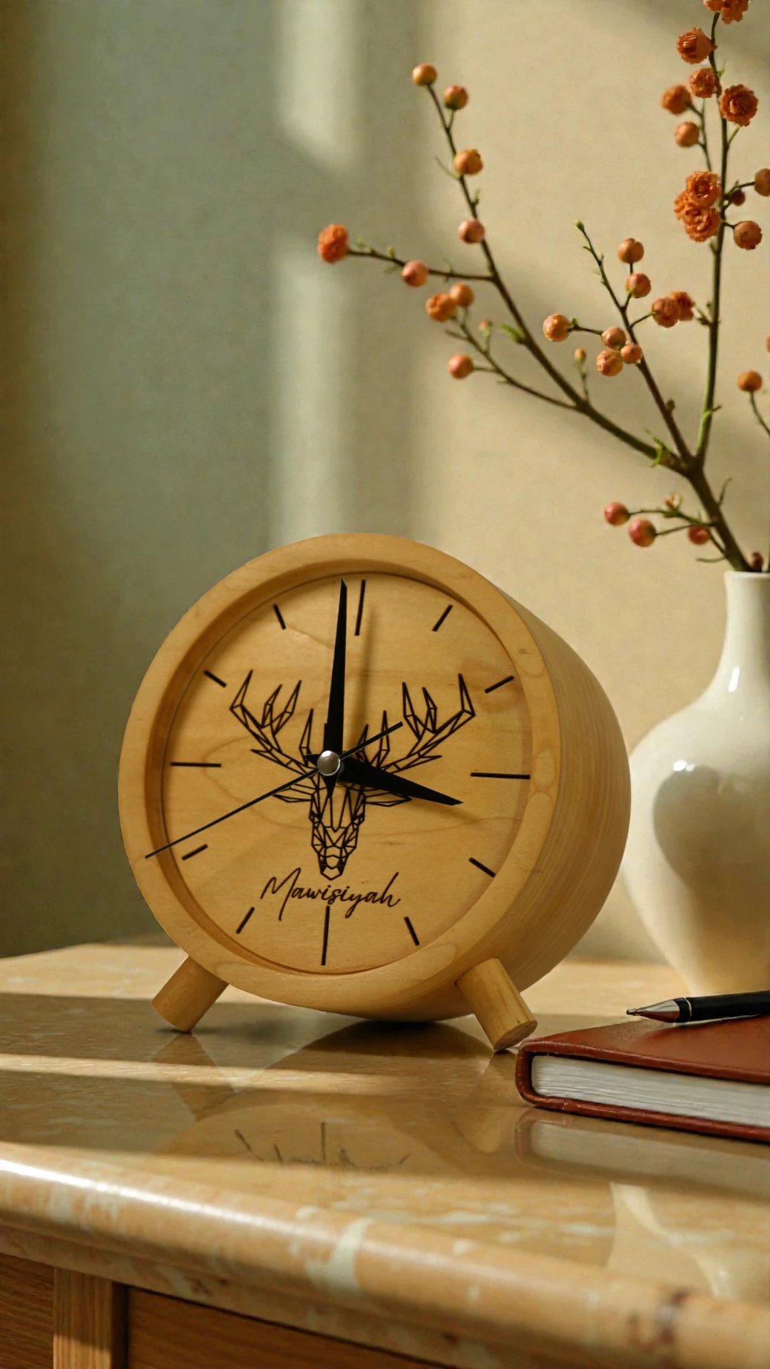 Masif Ahşap El Yapımı Premium Masaüstü Saat – 15 cm Yuvarlak | MAWİSİYAH Tasarımı