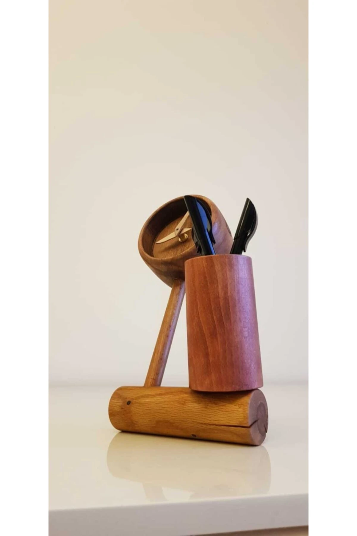 El Yapımı Dekoratif Masa Saati Ve Kalemlik Gürgen Ağacından-doğal