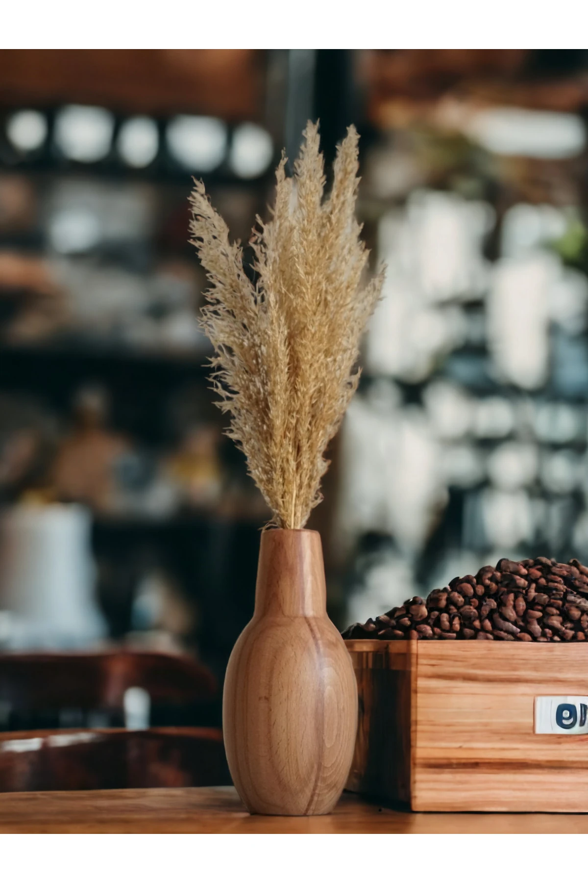 Dekoratif Ahşap Vazo Ve Kuru Pampas Çiçeği