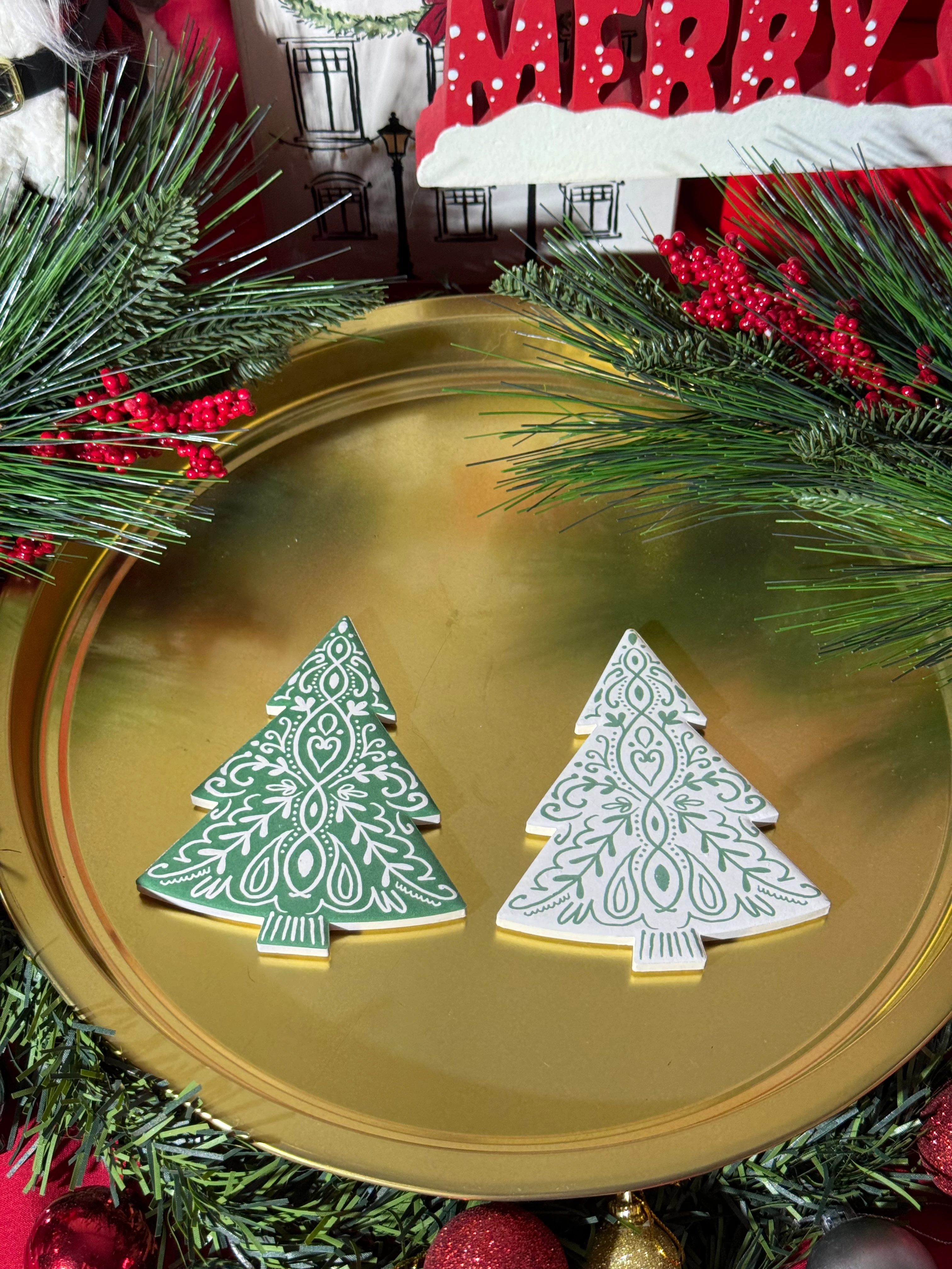 2'li Yeni Yıl Zarif Motifli Çam Ağacı Bardak Altlığı Seti 