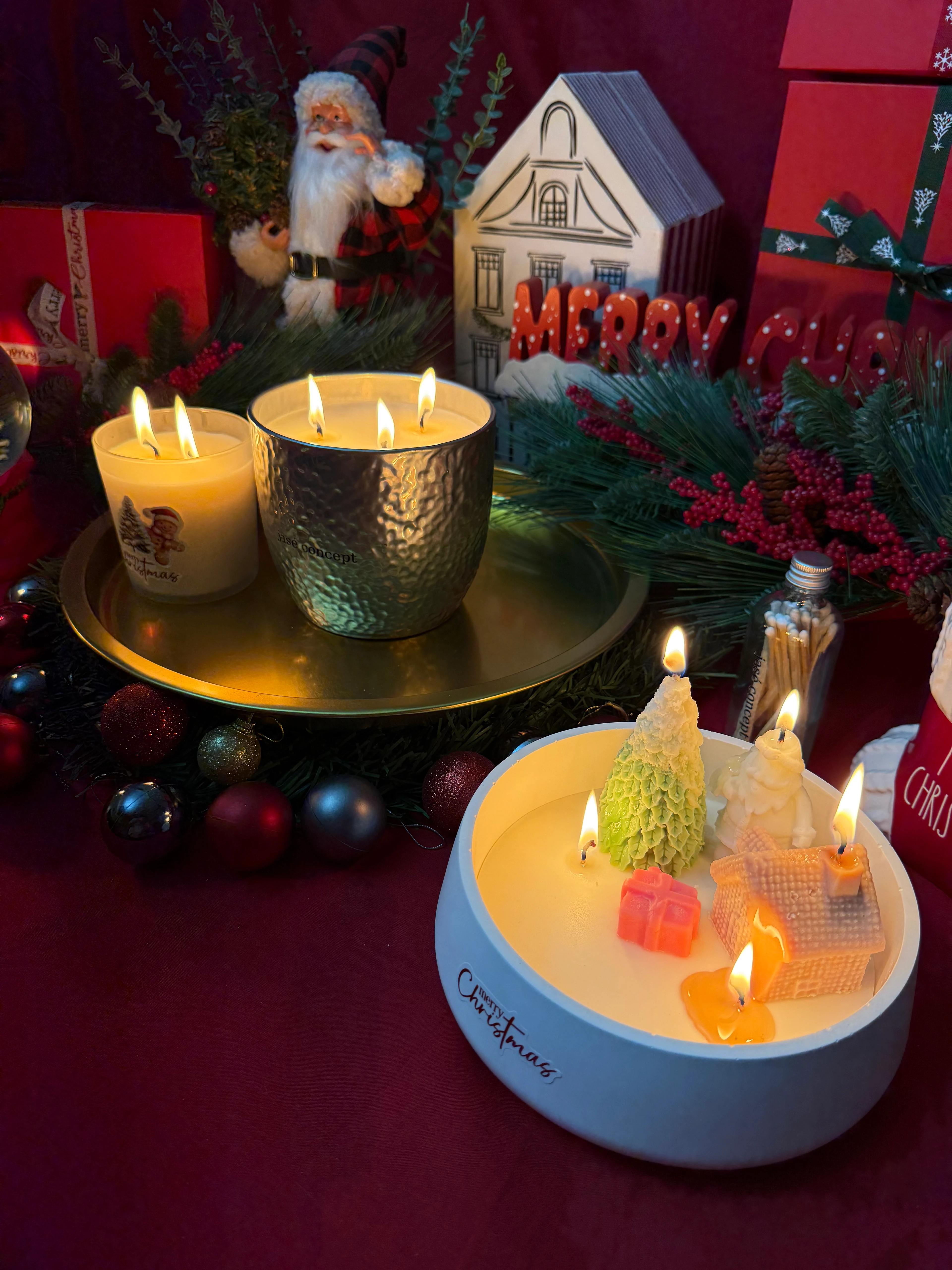 El Yapımı Beton Yılbaşı Köyü Mum Seti (Tarçın-Vanilya) 