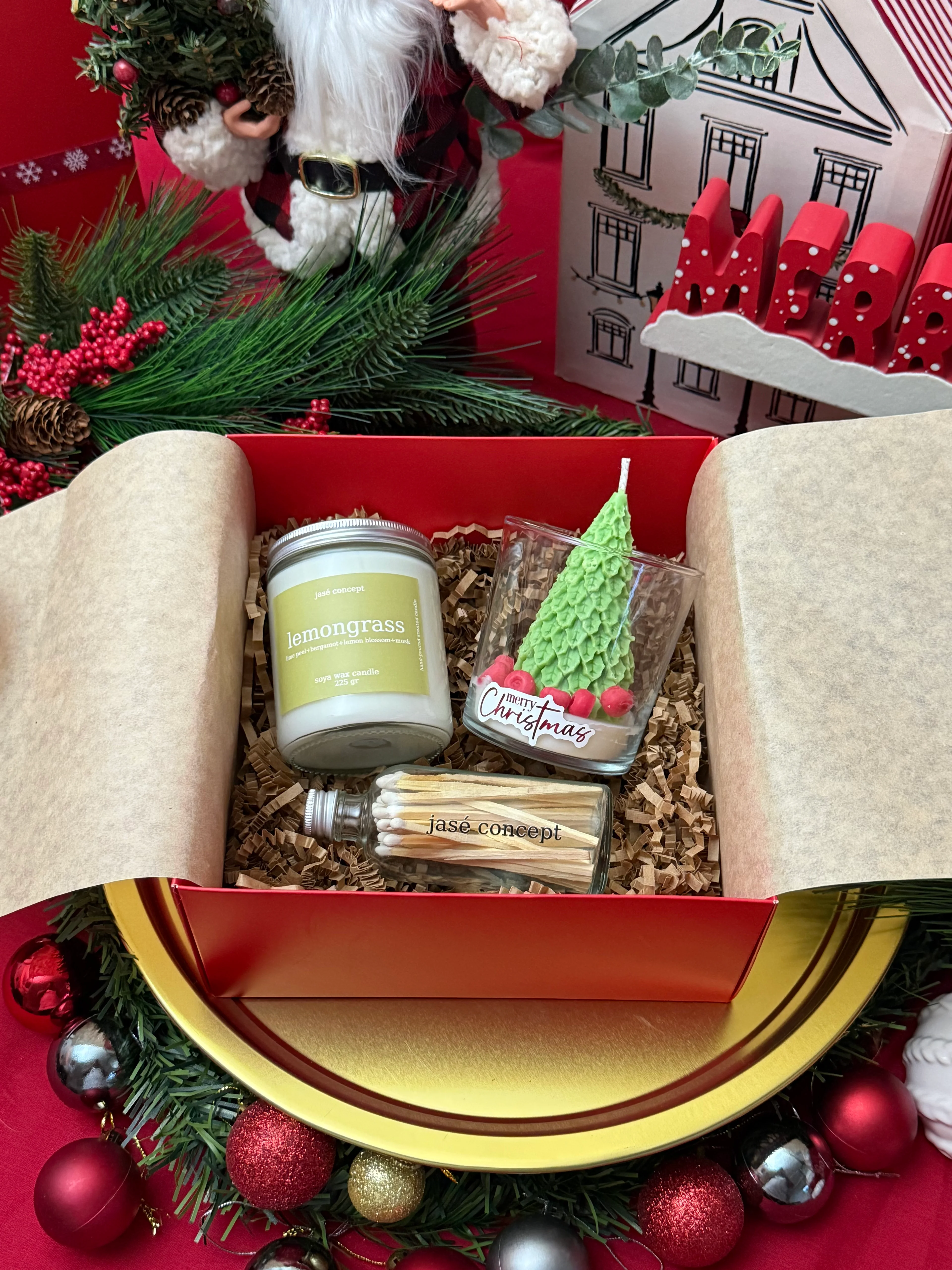 Lemongrass Mum,  Çam Ağacı Mum ve Cam Şişe Kibrit I Yılbaşı Hediye Seti