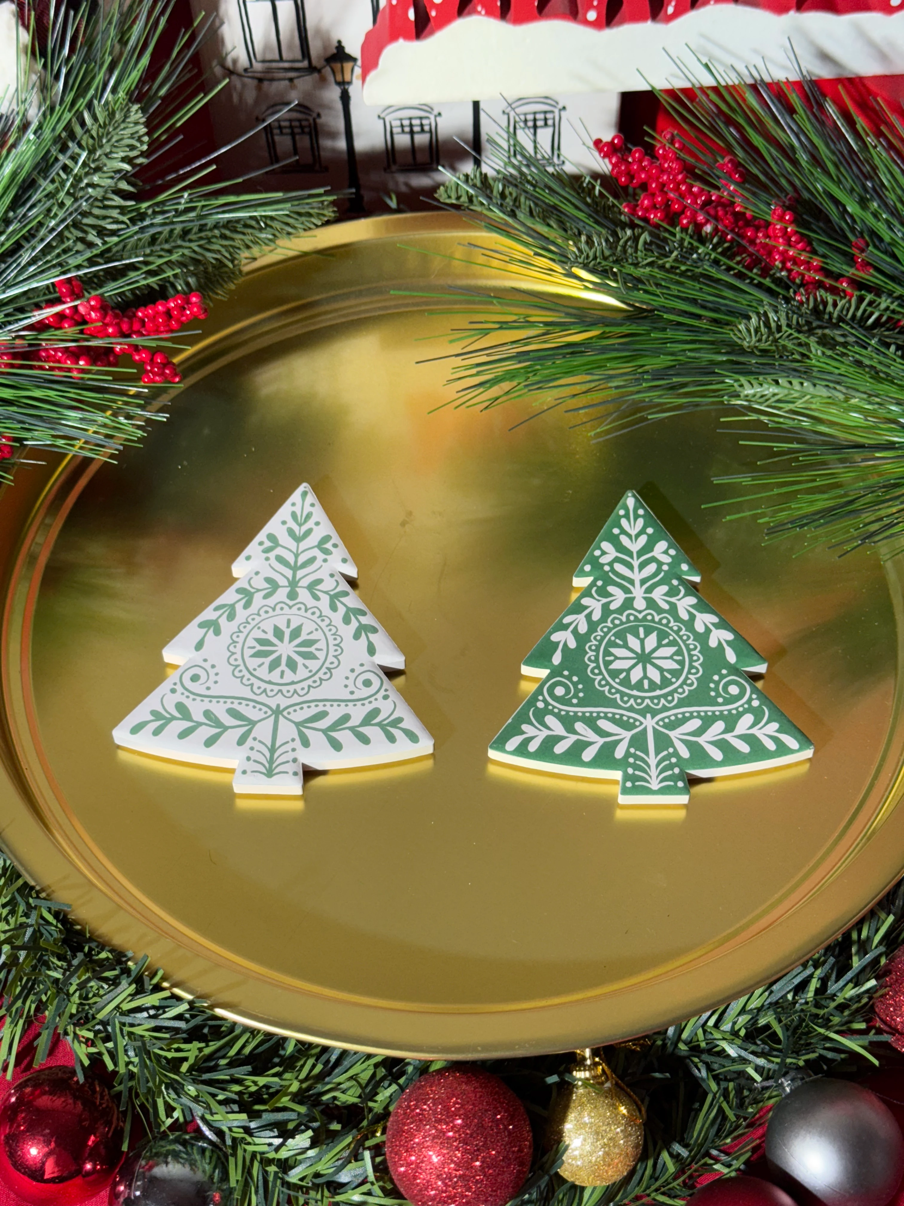 2'li Yeni Yıl Özel Desen Çam Ağacı Bardak Altlığı Seti