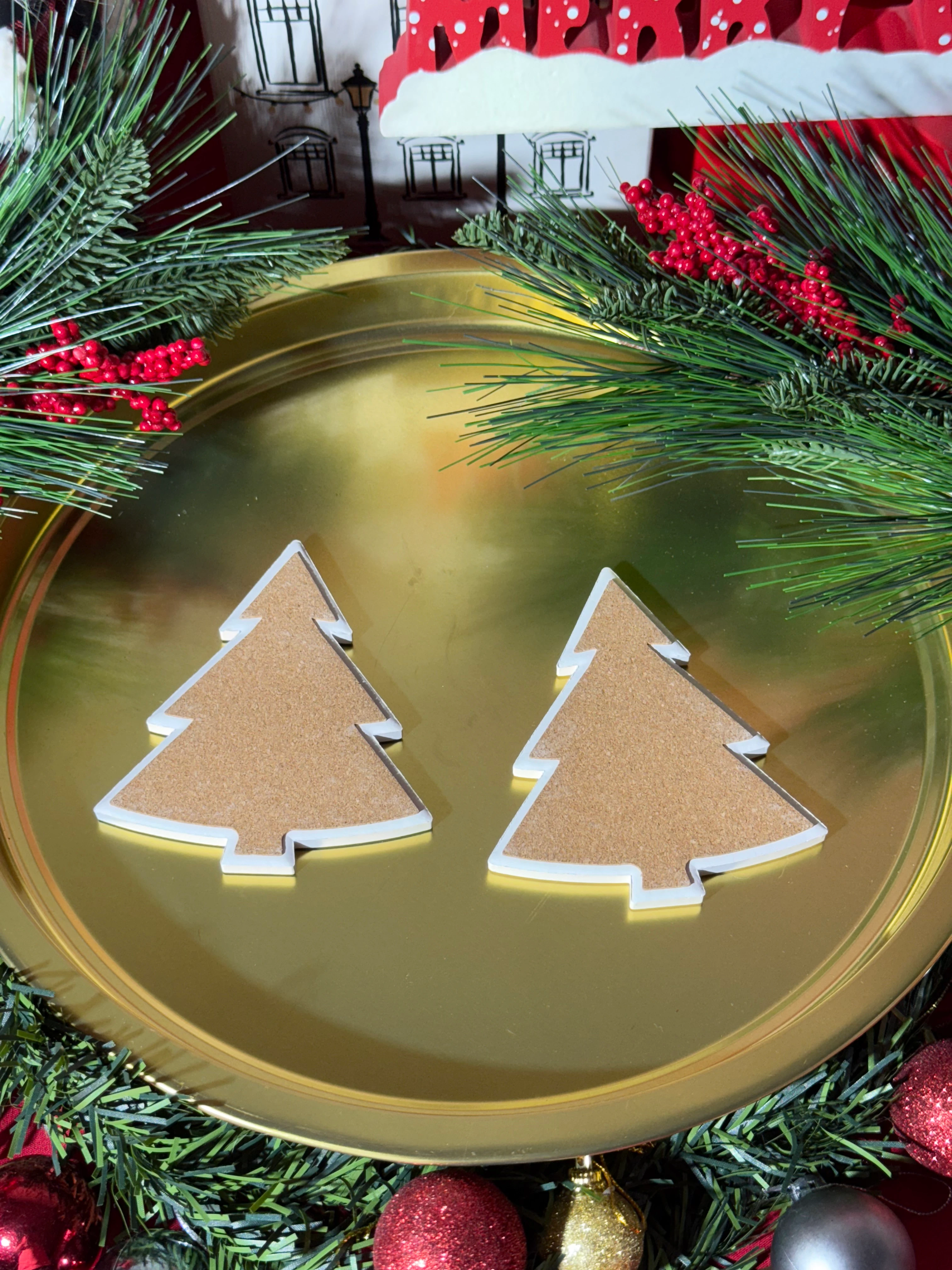 2'li Yılbaşı Çam Ağacı Dekoratif Bardak Altlığı Seti 