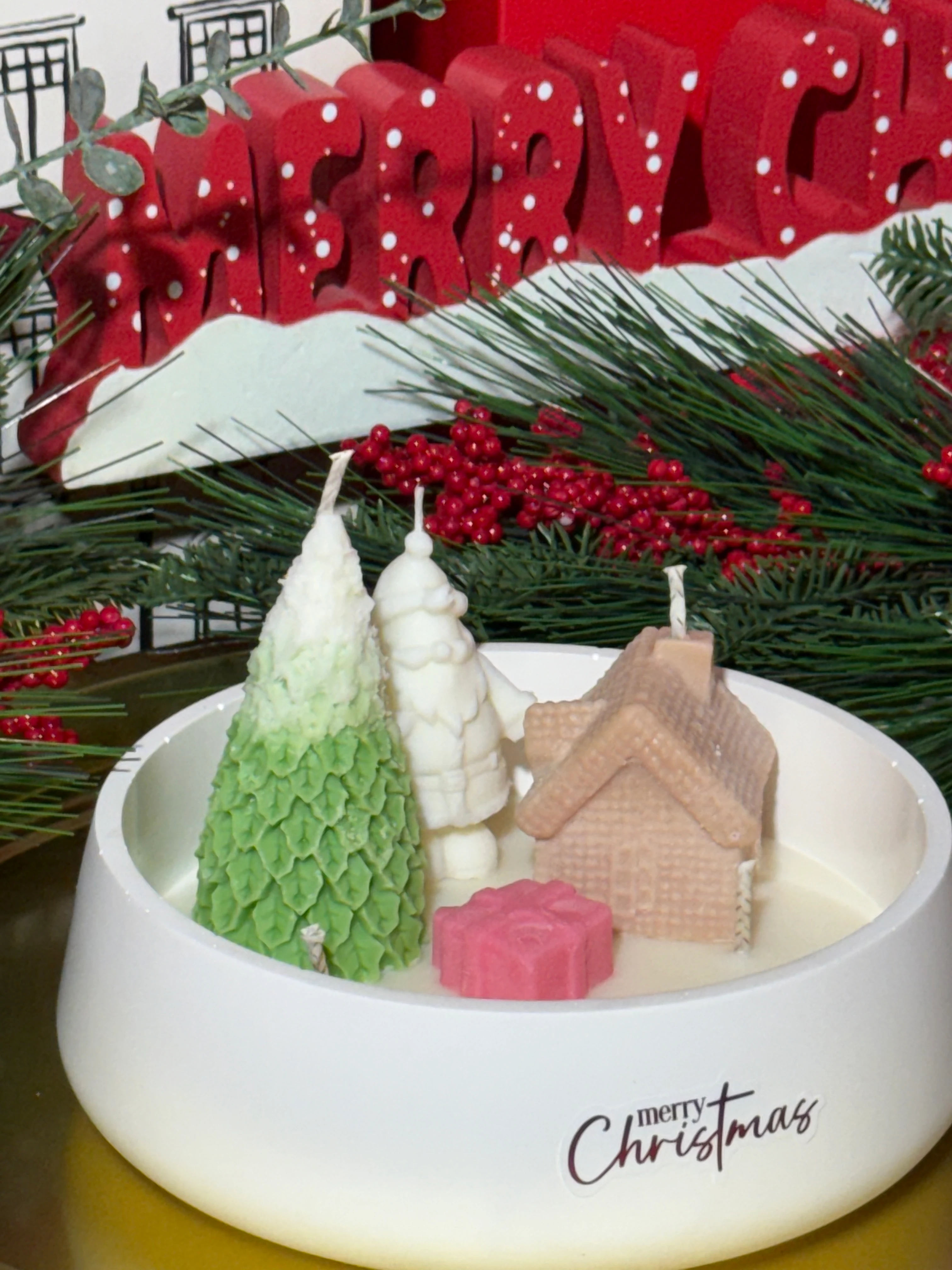 El Yapımı Beton Yılbaşı Köyü Mum Seti (Tarçın-Vanilya) 