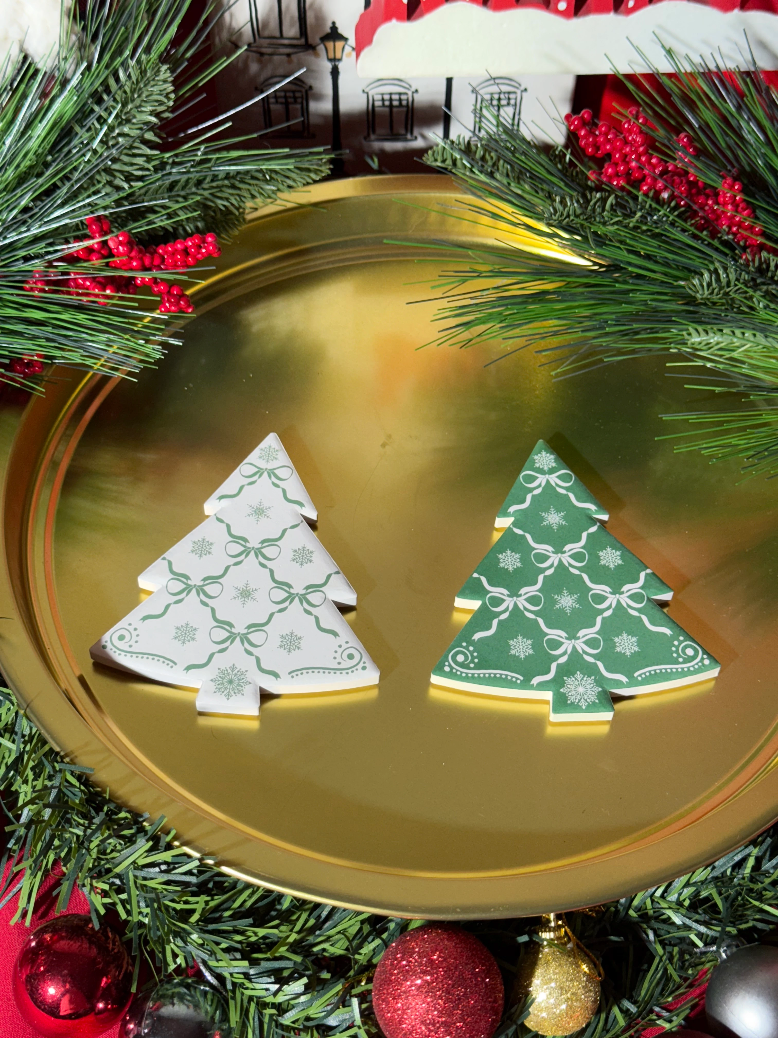 2'li Yılbaşı Çam Ağacı Dekoratif Bardak Altlığı Seti 