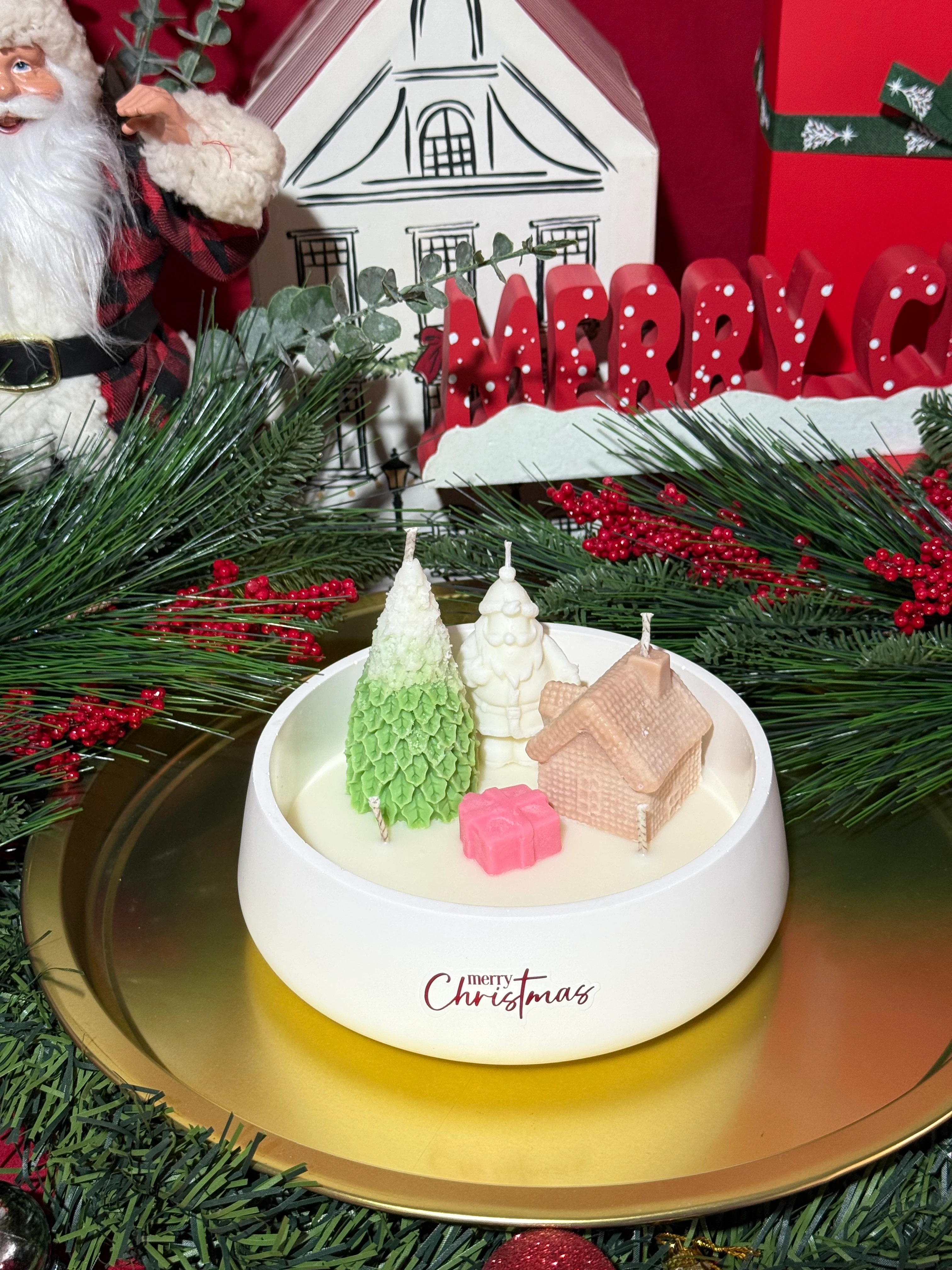 El Yapımı Beton Yılbaşı Köyü Mum Seti (Tarçın-Vanilya) 