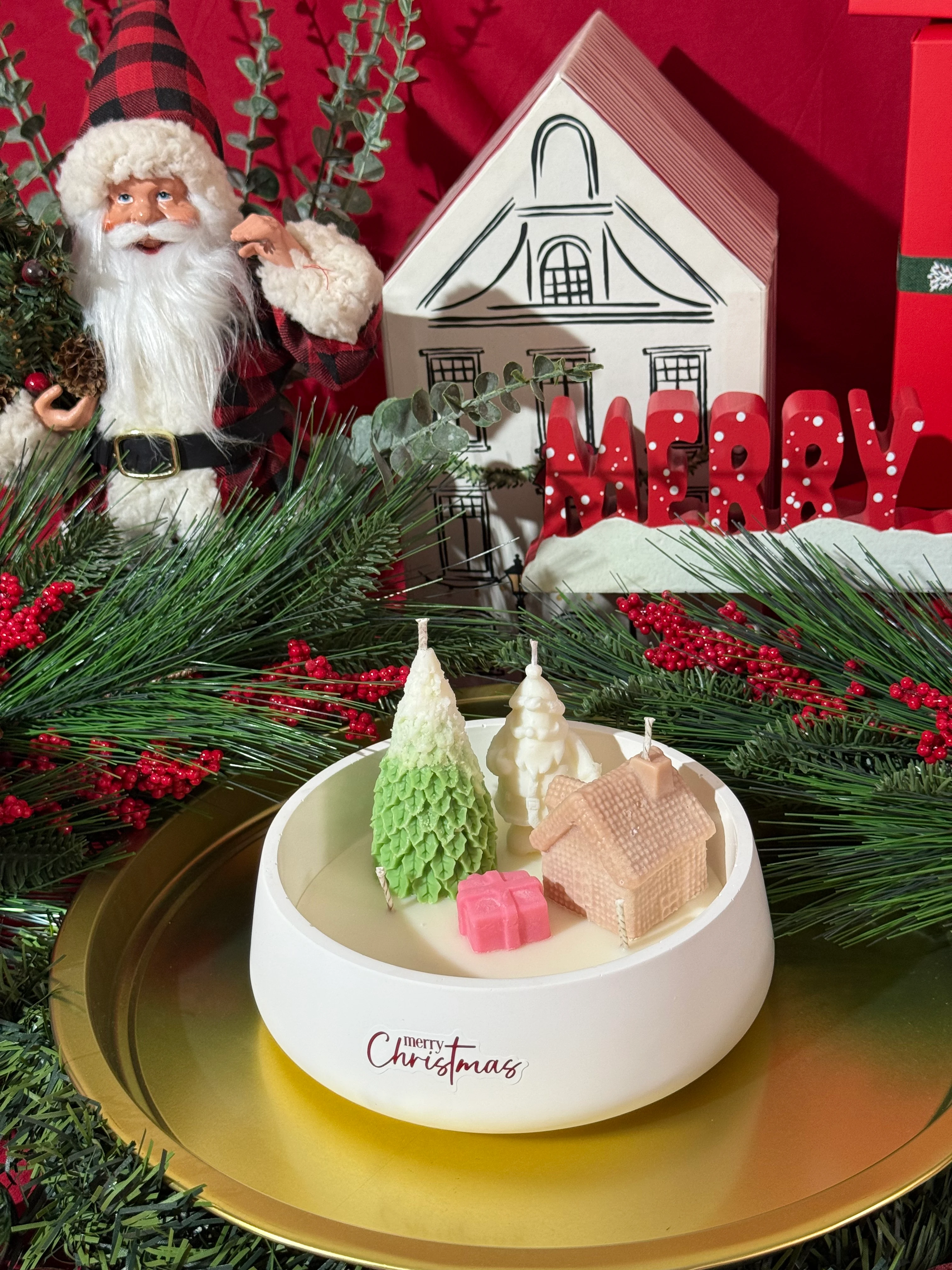 El Yapımı Beton Yılbaşı Köyü Mum Seti (Tarçın-Vanilya) 