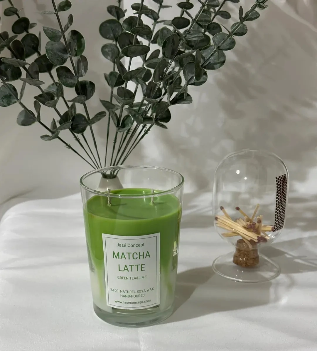 Matcha Latte Mum | 2 Fitilli Büyük Boy Yeşil Çay & Lime Kokulu Tasarım Mum (370gr)