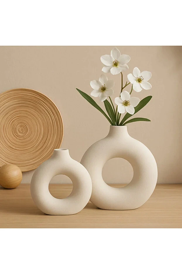 Bohem Halka Vazo Set Dekoratif, Hediyelik Ham Beyaz Masa,Sehpa,Tv Ünitesi Çiçeksizdir 15cm-20cm