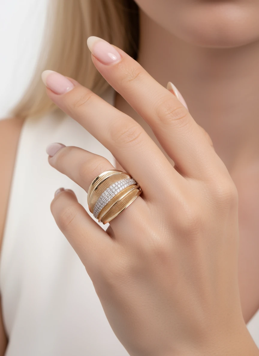 İhtişamlı Duruş: Çilek Konsept 14 Ayar Altın Geniş Taşlı Tasarım Yüzük 16 Ölçü 5,69 GR Ürün Kodu: YZ08636