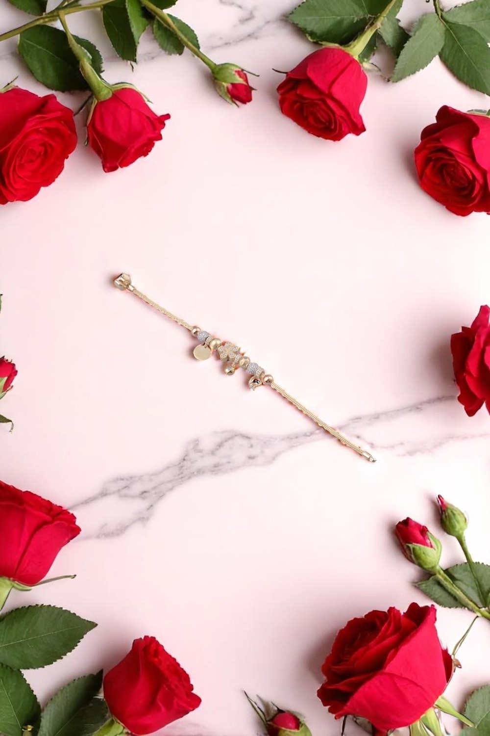Çiçek ve Figürlü Sallantılı Şarm Detaylı Taşlı 14 Ayar Rose Altın Bileklik - Alimoğlu Kuyumculuk 12,43 GR Ürün Kodu: KNY5899