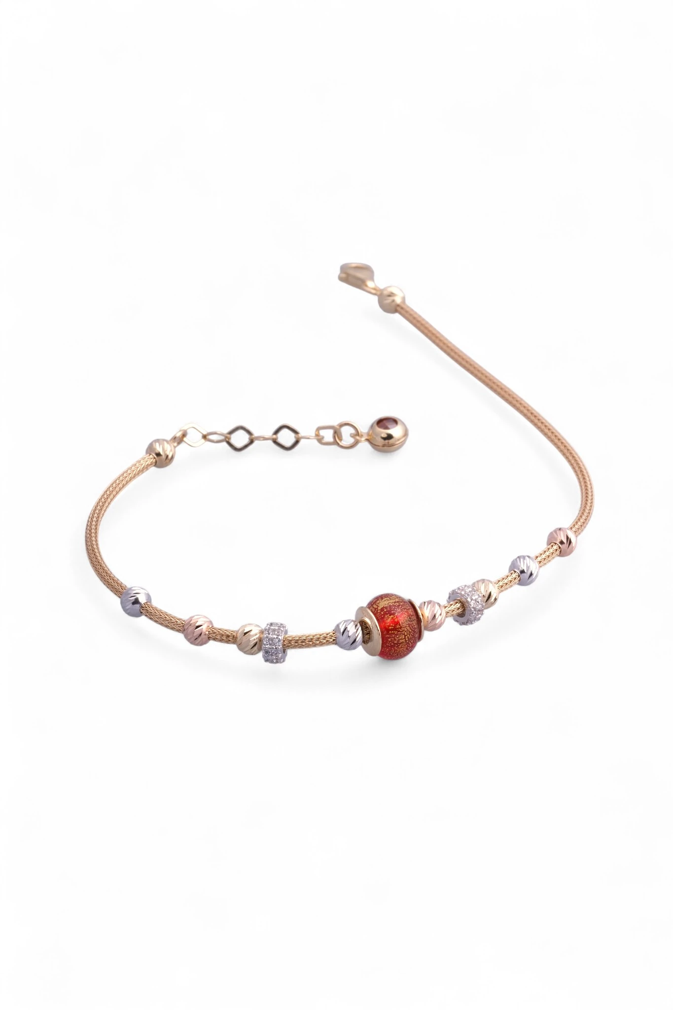 Tutkunun Işıltısı: 14 Ayar Altın Kırmızı Cam Charm'lı Pandora Stil Bileklik 19-21 CM Ayarlı 5,64 GR Ürün Kodu: KNY6202