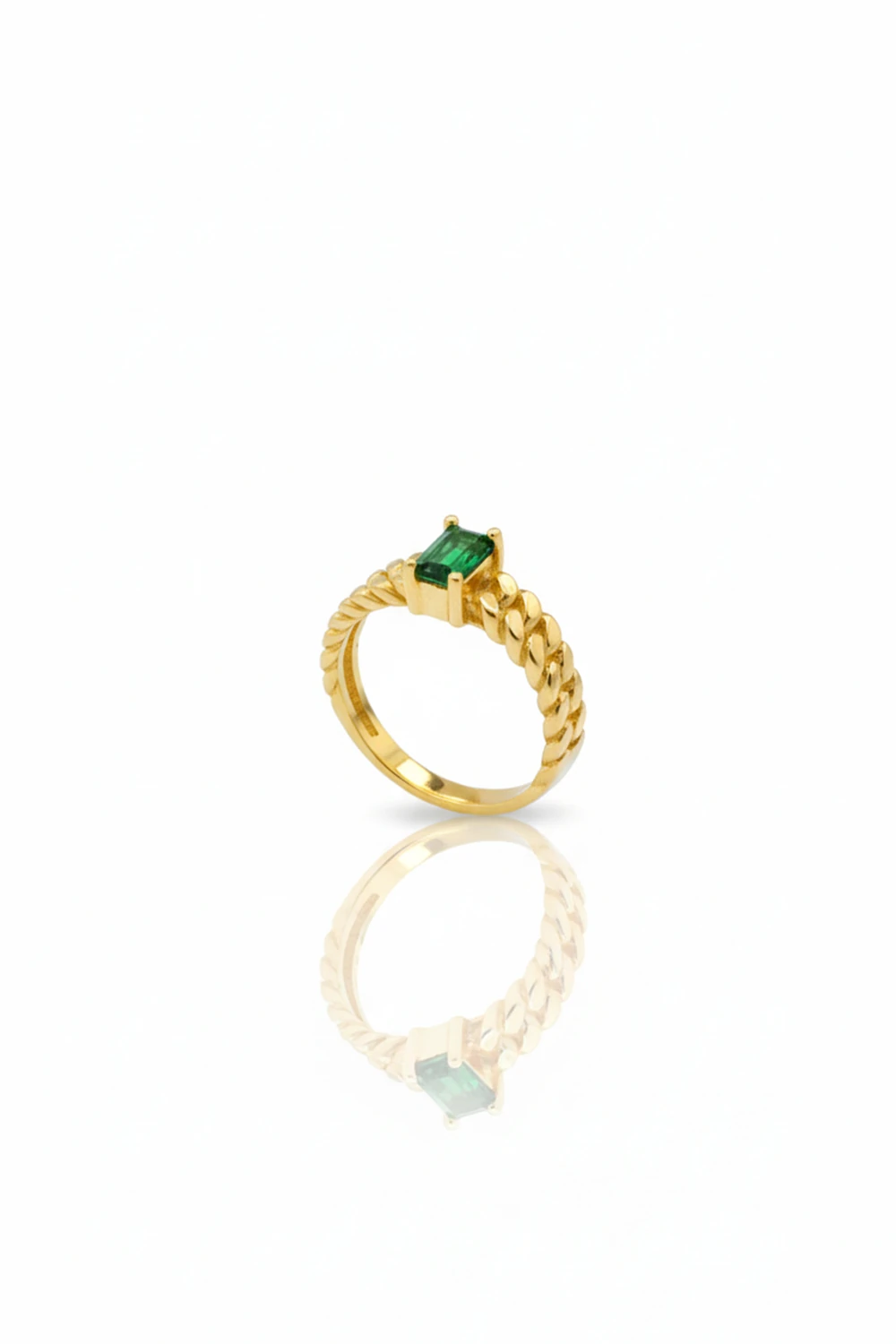 22 Ayar Altın Yeşil Baget Taşlı ve Burgu Kollu Yüzük 4,47 GR Ürün Kodu: YZ06221