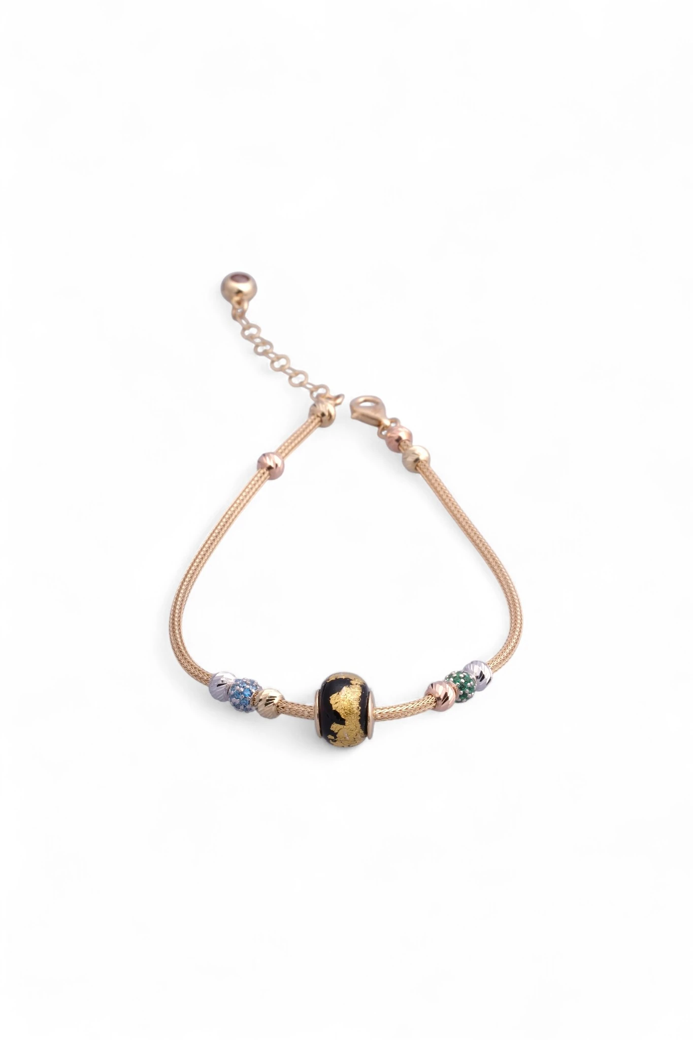 Asil Zarafet: 14 Ayar Altın Altın Varaklı Siyah Cam Charm'lı Pandora Stil Bileklik 19-22 CM Ayarlı 5,23 GR Ürün Kodu: KNY6203