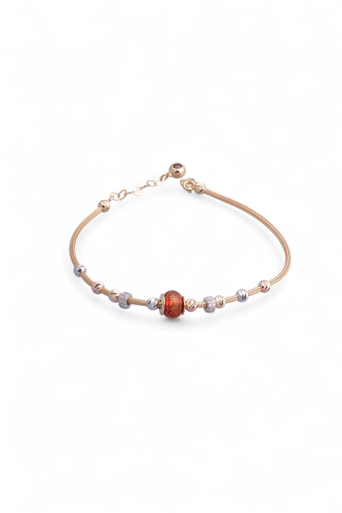 Tutkunun Işıltısı: 14 Ayar Altın Kırmızı Cam Charm'lı Pandora Stil Bileklik 19-21 CM Ayarlı 5,64 GR Ürün Kodu: KNY6202