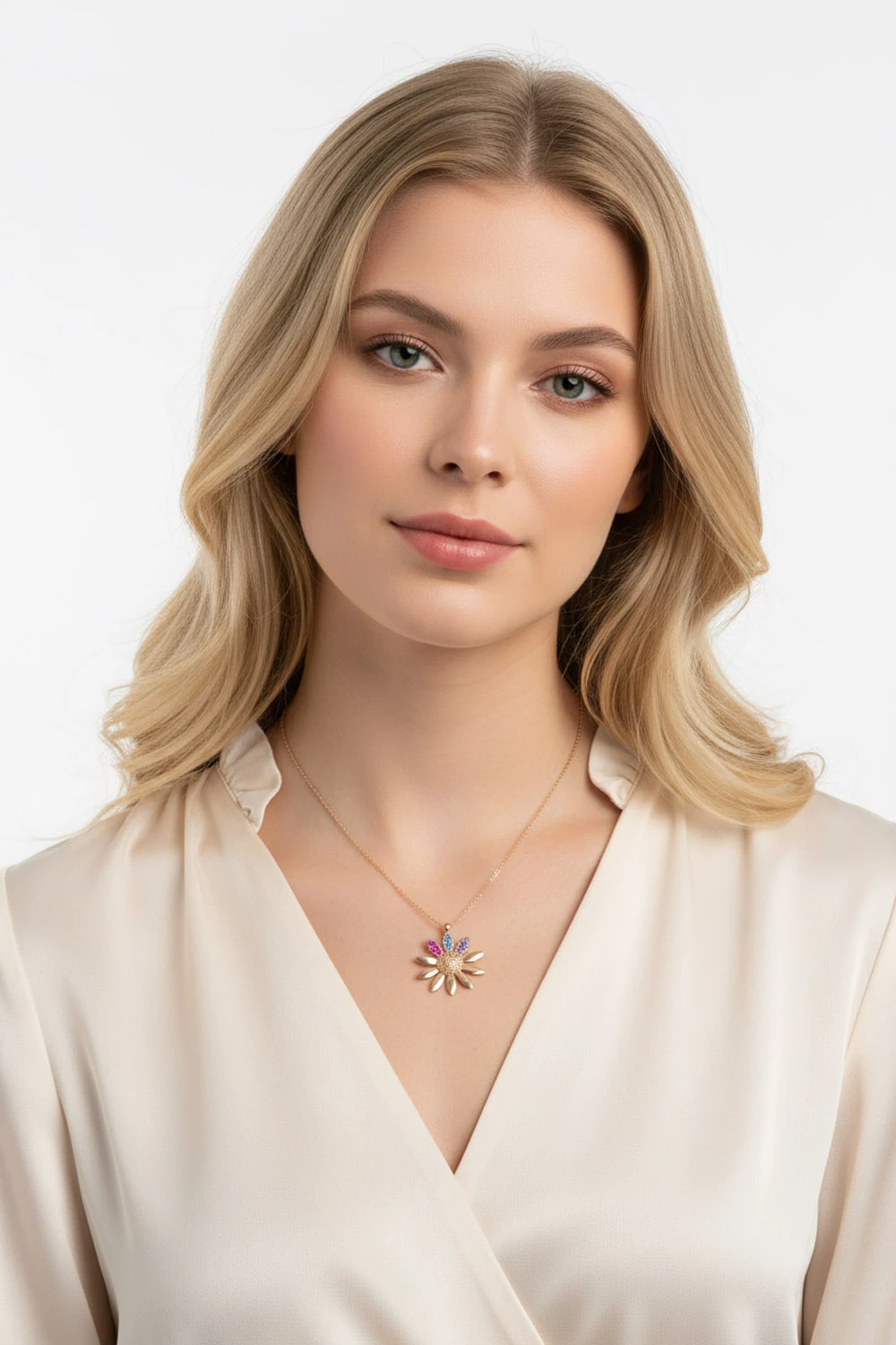 14 Ayar Altın Renkli Taşlı Papatya Kolye: Doğanın Canlı Enerjisini Yansıtan Işıltılı Tasarım 3,27 GR Ürün Kodu: KLY5457