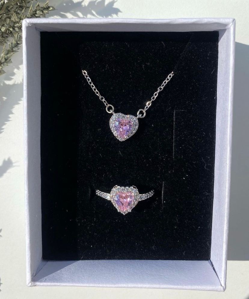 Çelik kalp kolye yüzük seti aşk seti - Pembe