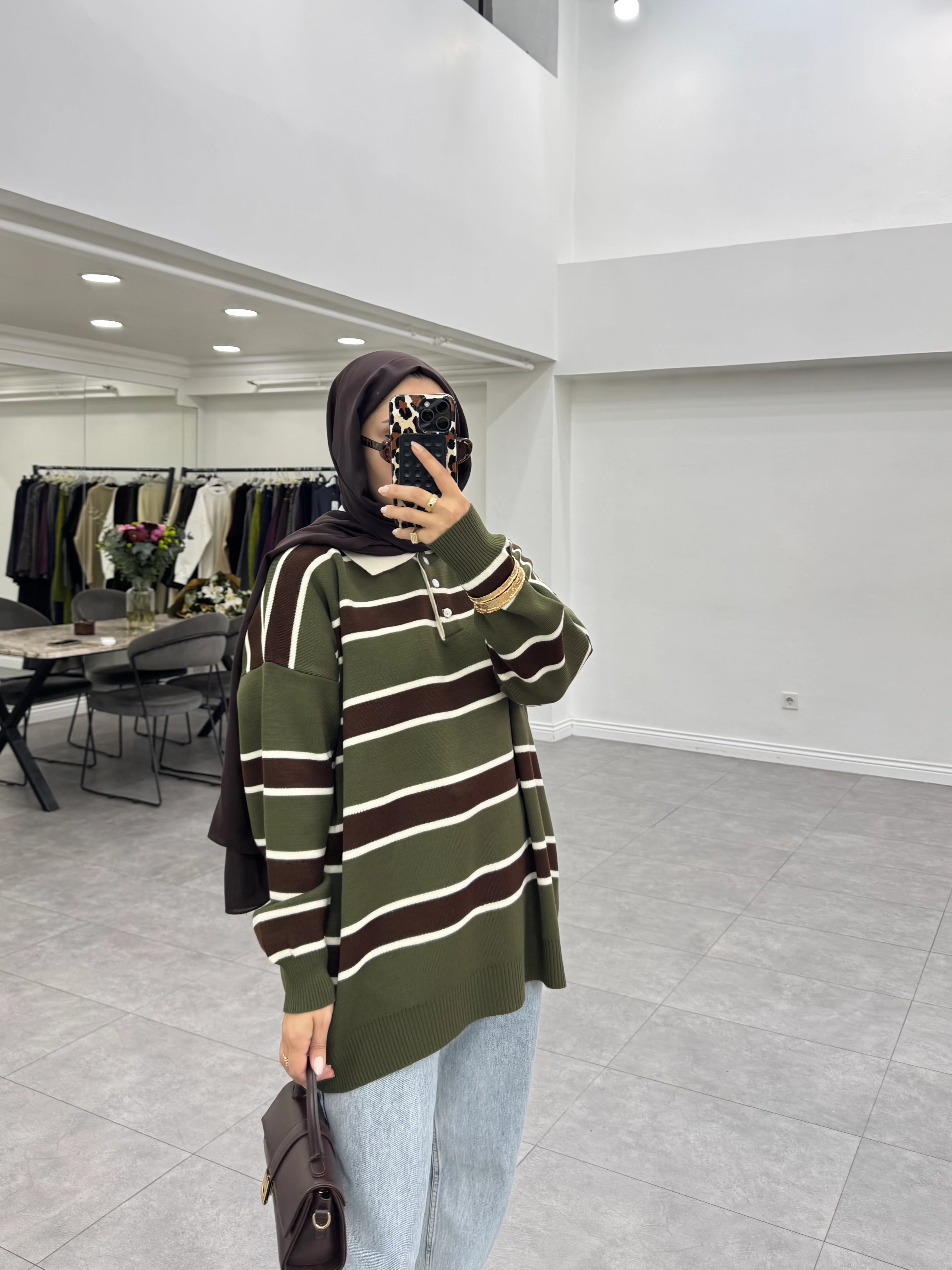 Çizgili Triko Kazak Haki