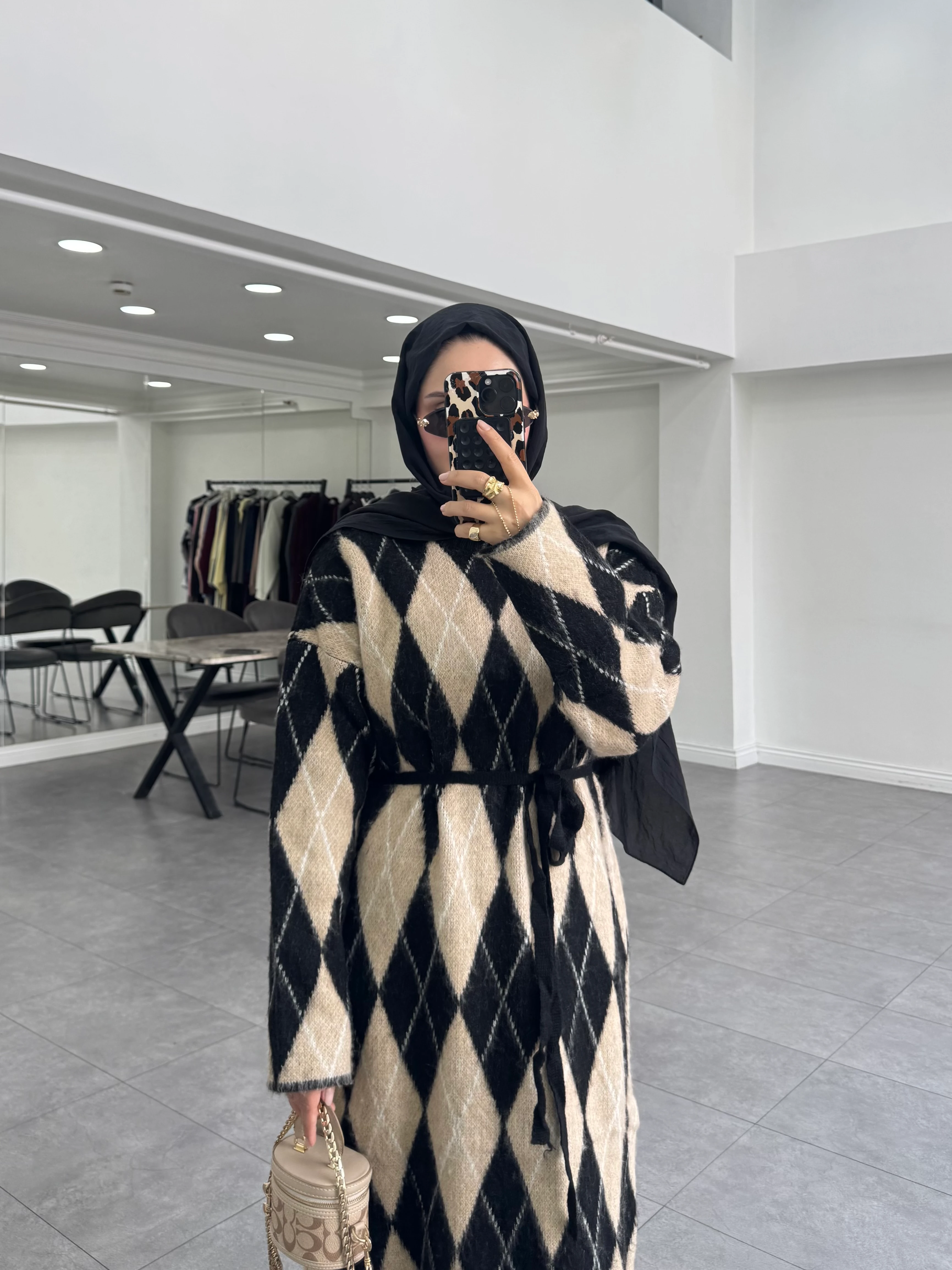 Ekose Triko Elbise Siyah