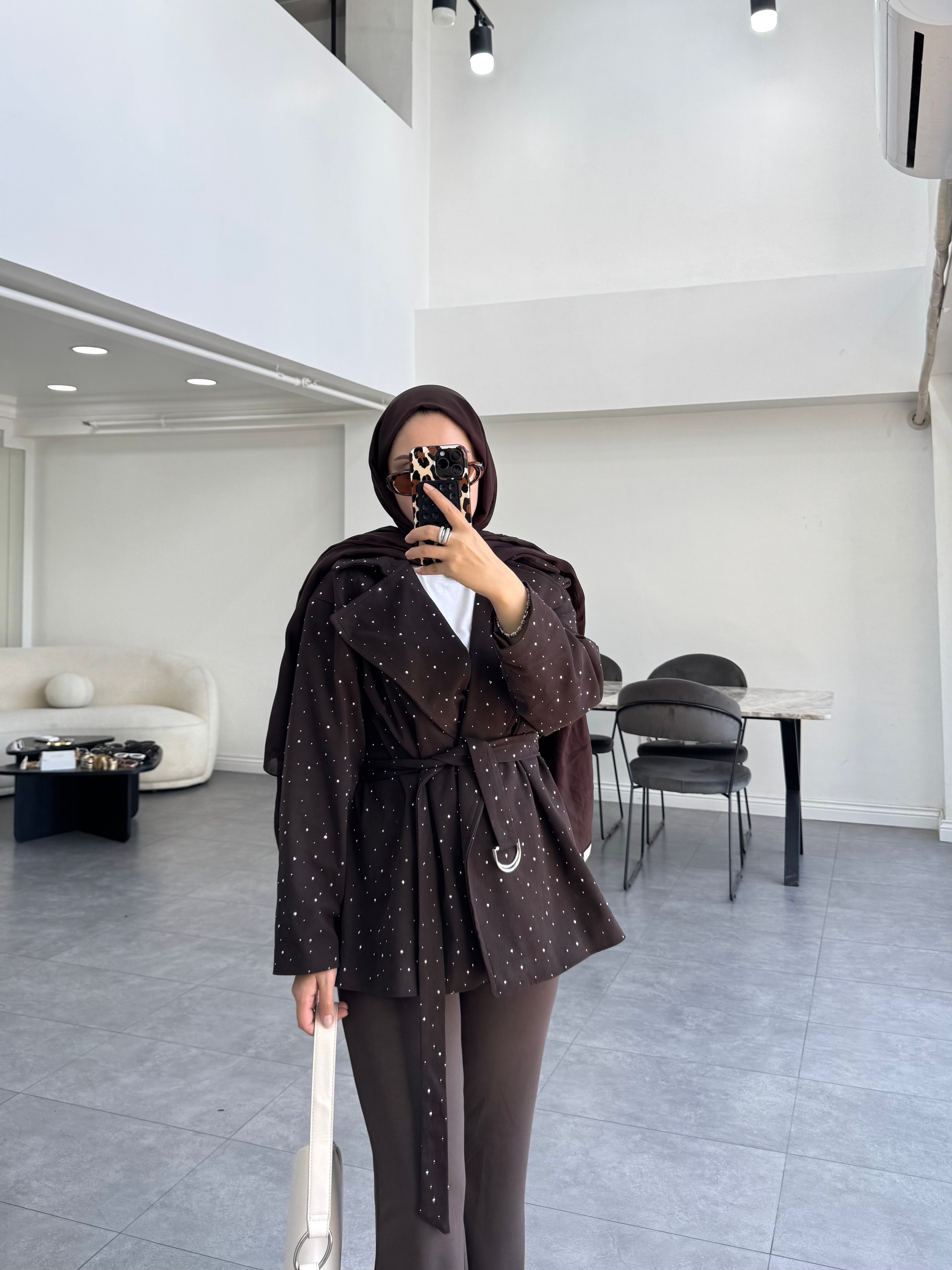 Taşlı Gabardin Ceket Kahverengi