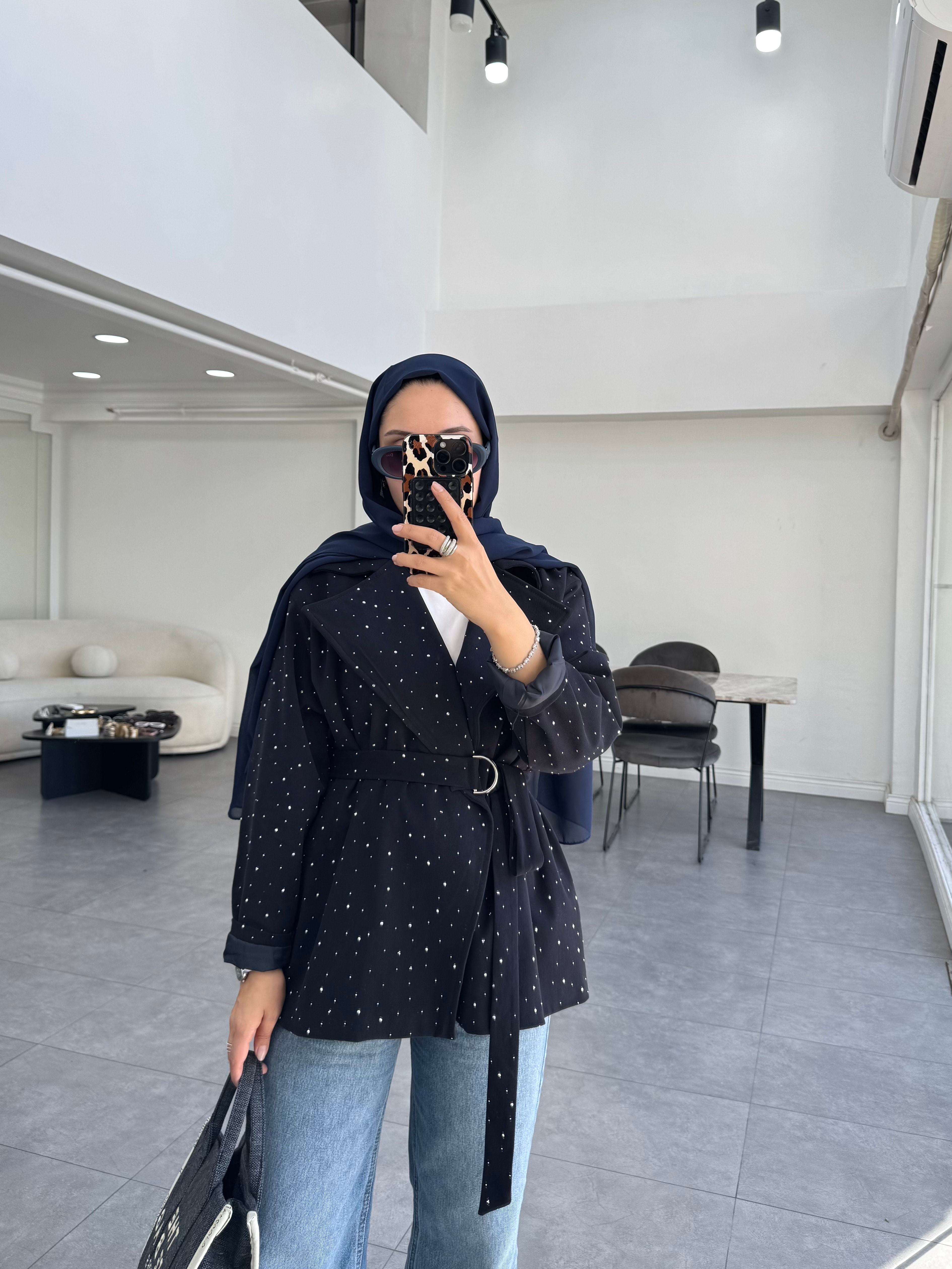 Taşlı Gabardin Ceket Lacivert