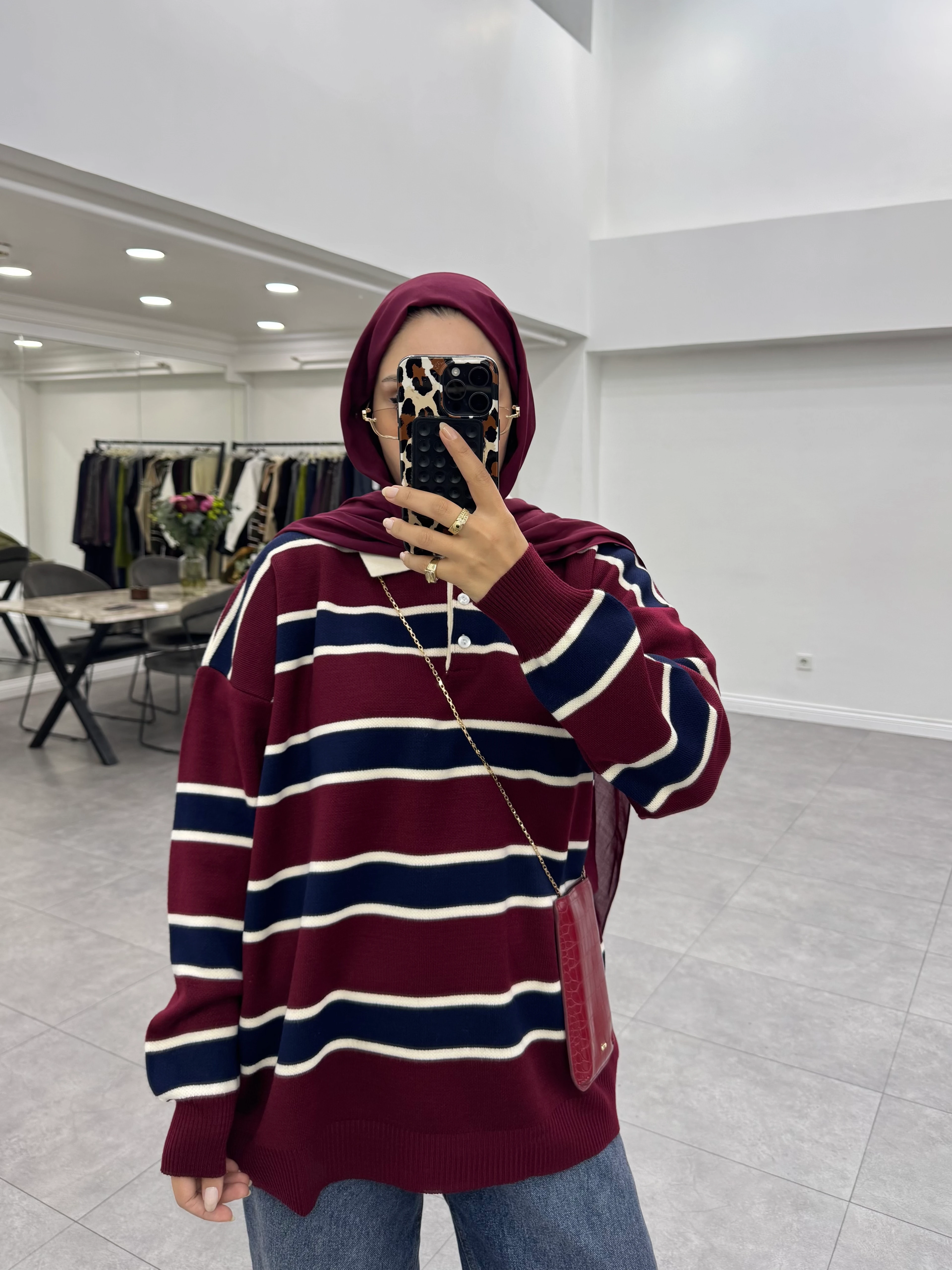 Çizgili Triko Kazak Bordo