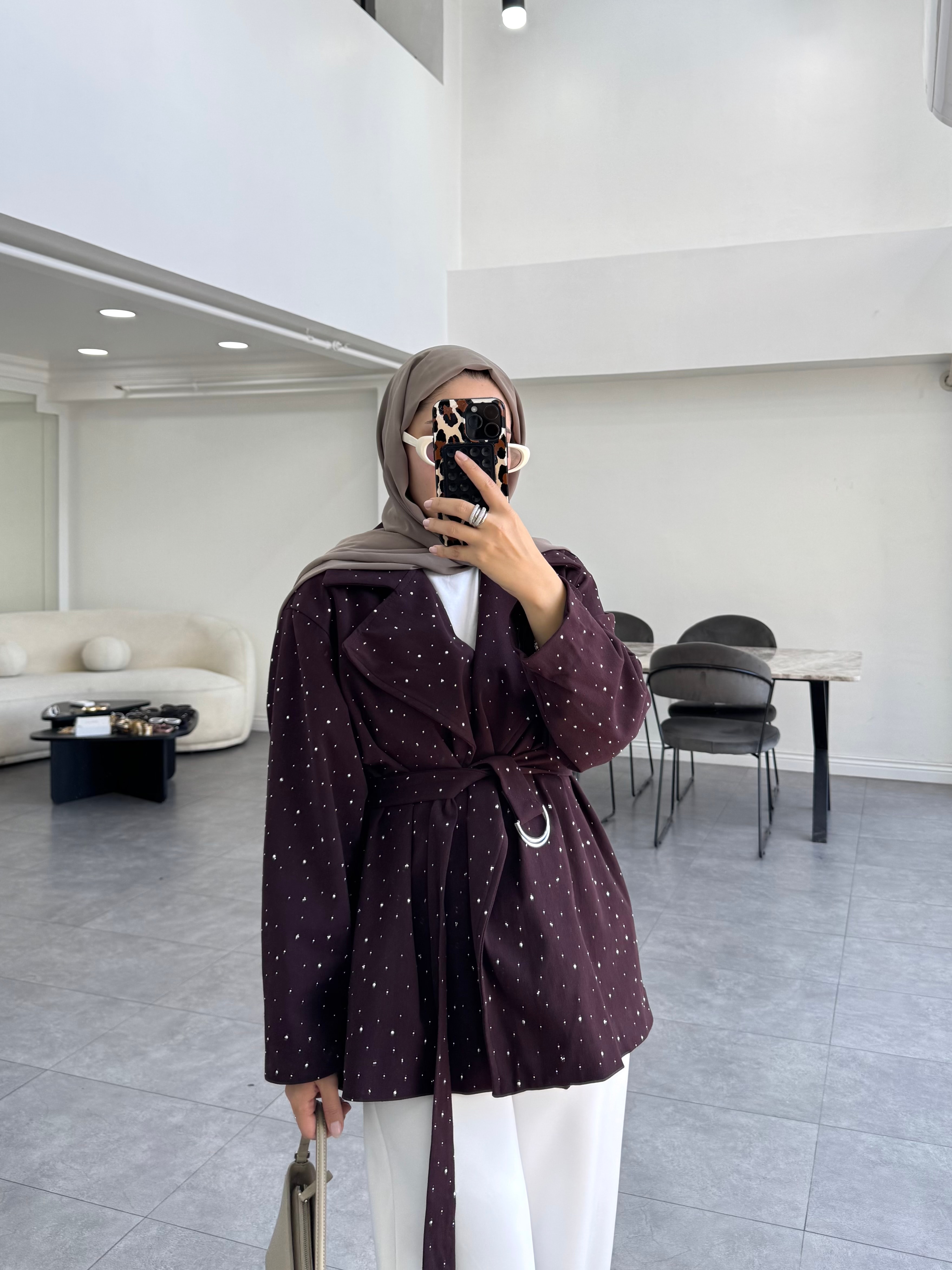 Taşlı Gabardin Ceket Mürdüm