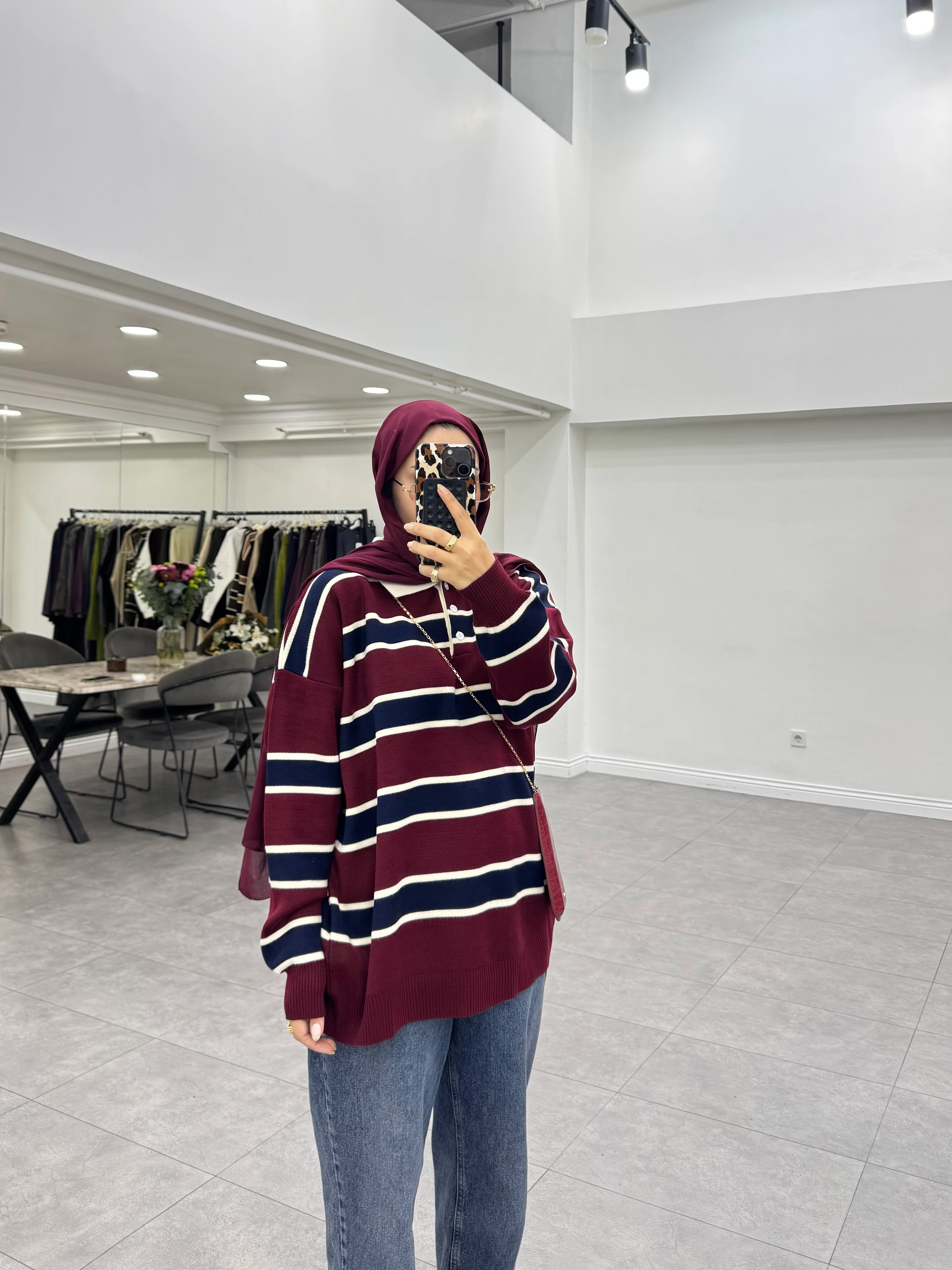 Çizgili Triko Kazak Bordo