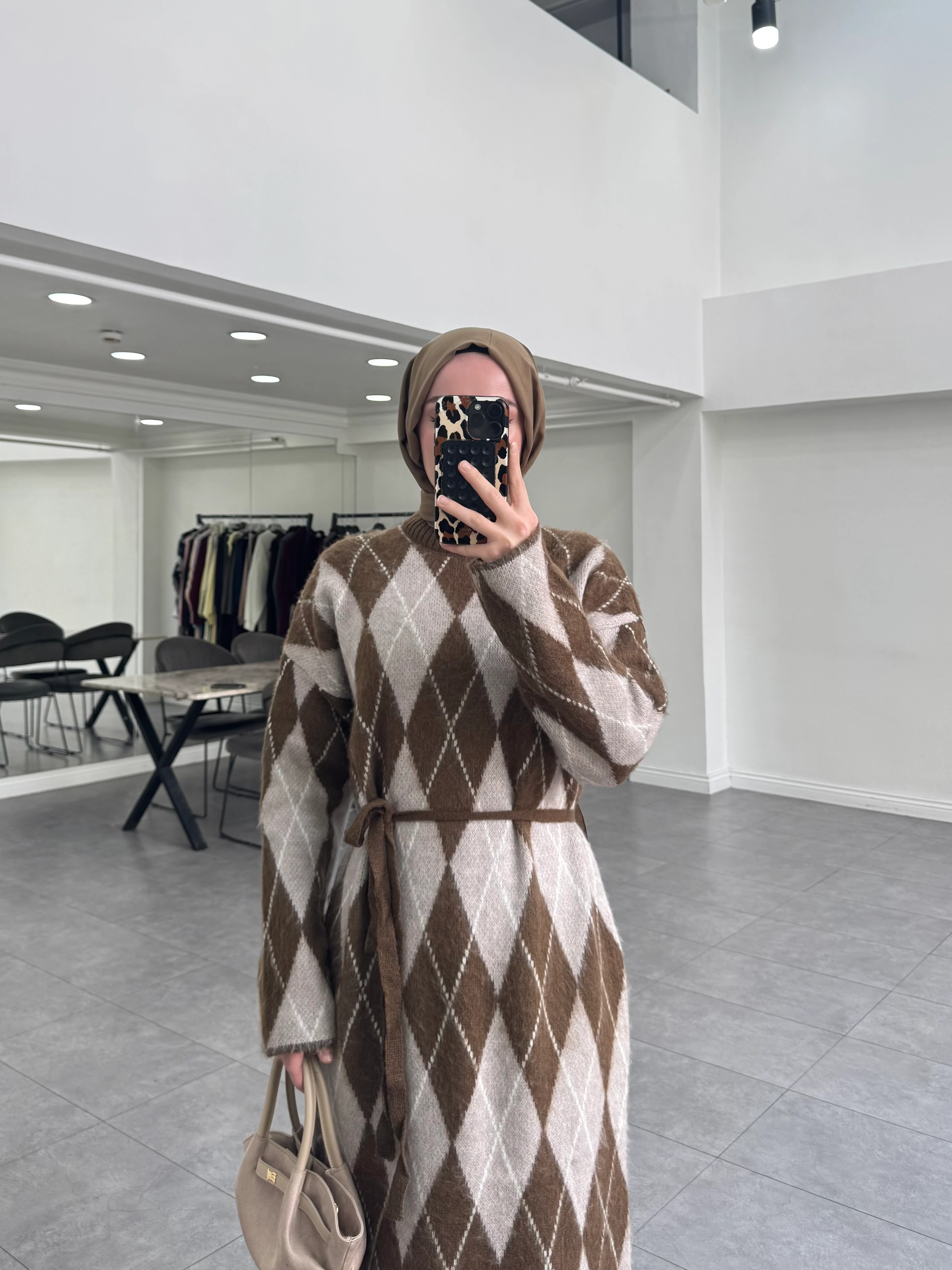 Ekose Triko Elbise Kahverengi