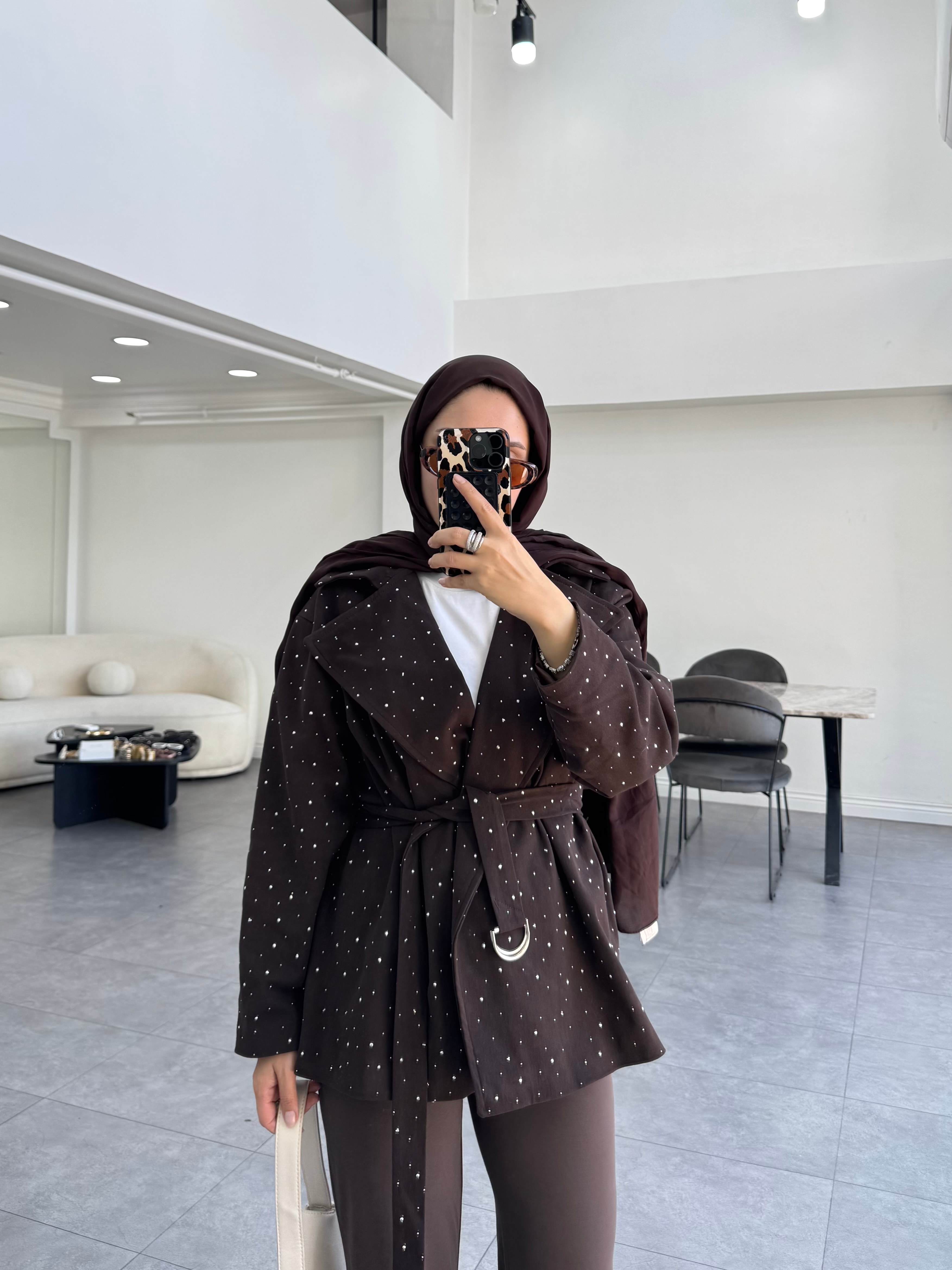 Taşlı Gabardin Ceket Kahverengi