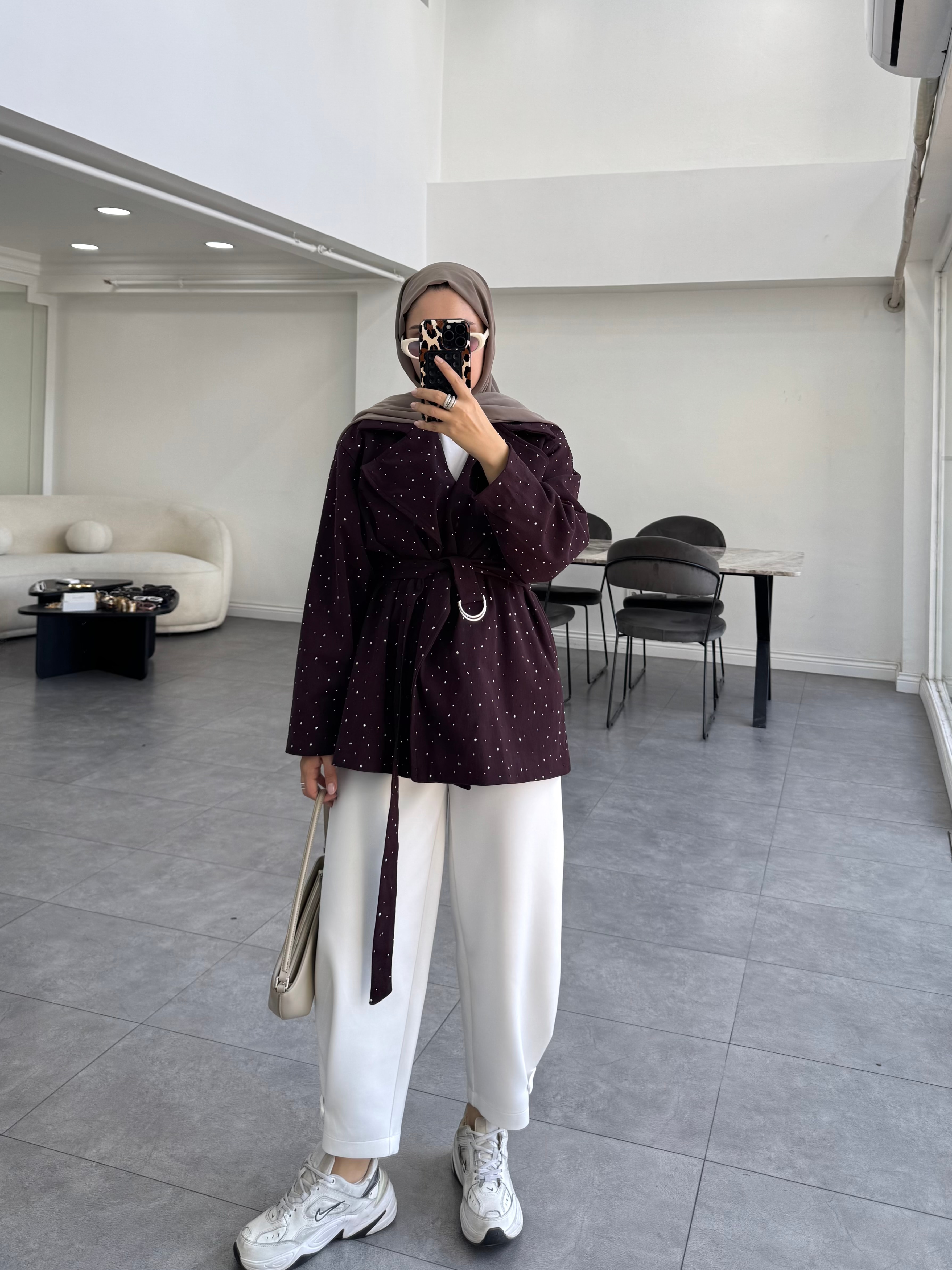 Taşlı Gabardin Ceket Mürdüm