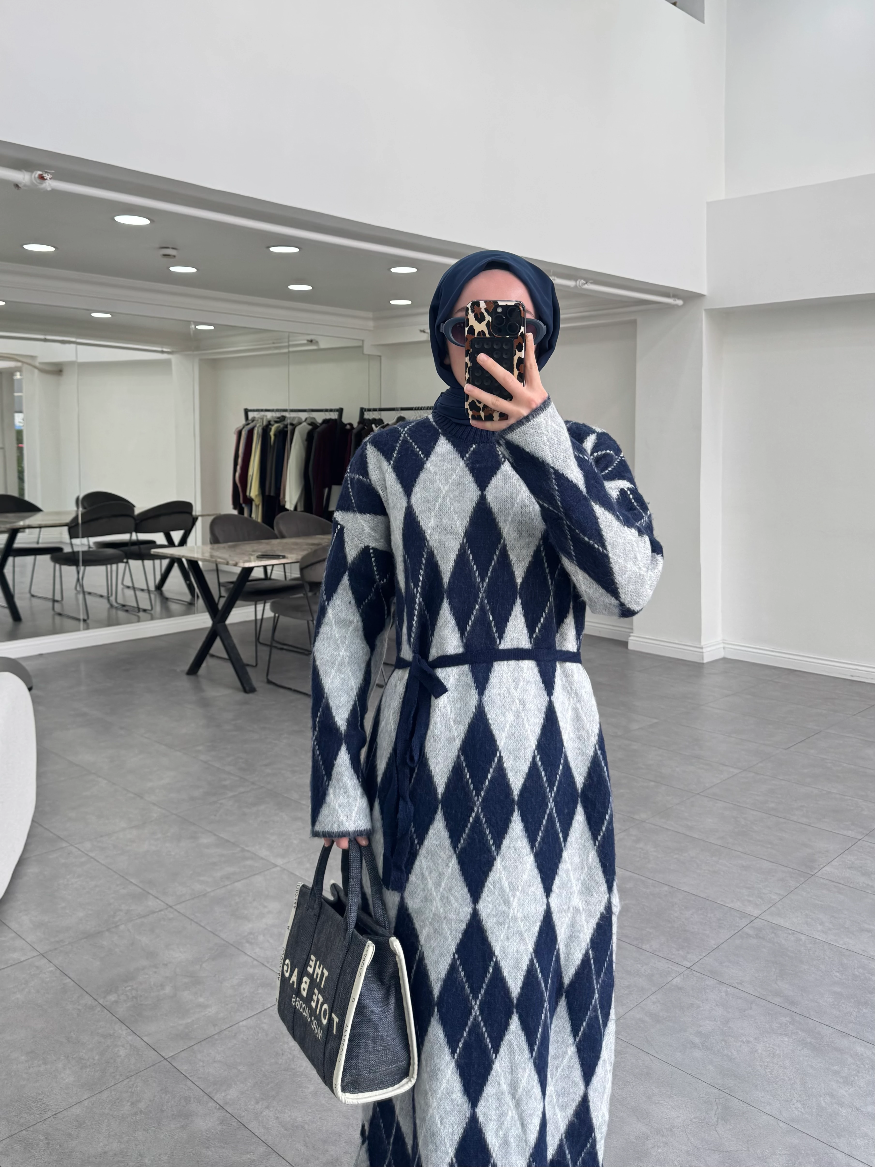 Ekose Triko Elbise Lacivert